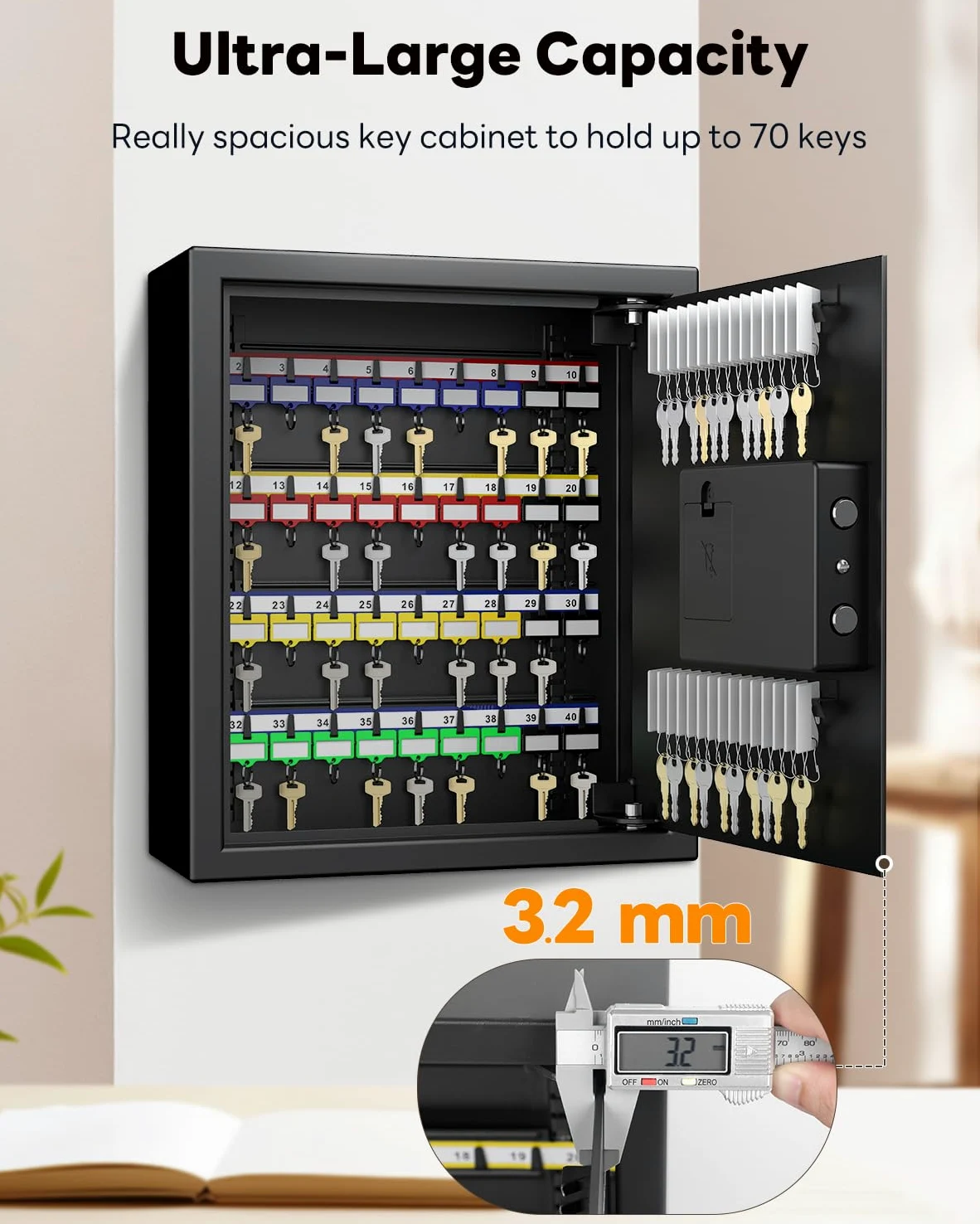 Uniclife Armadietto portachiavi a 70 posizioni con combinazione e serratura a chiave, montaggio a parete, per chiavi di sicurezza, organizer per chiavi digitale nero con tastiera, ripiani regolabili