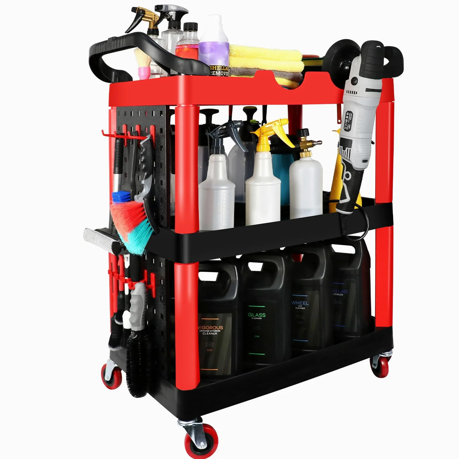 Carrello per dettagli auto con ruote, carrello per dettagli auto a 3 livelli con assi e ganci appesi, organizer per autolavaggio per garage, officina, casa fai da te