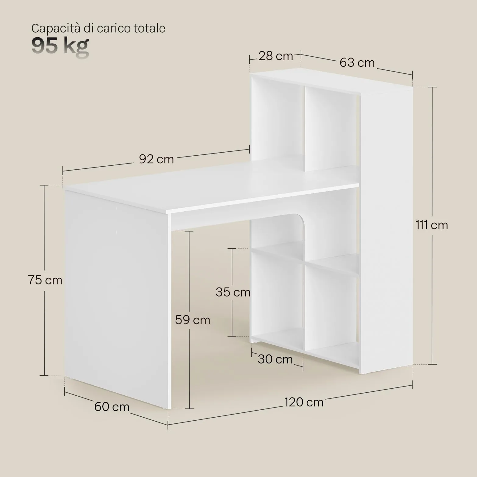 eSituro Scrivania con Libreria a 3 Ripiani, 120 x 63 x 111 cm, Bianca | 6 Scomparti Aperti, Design Salvaspazio, per Studio e Camera da Letto