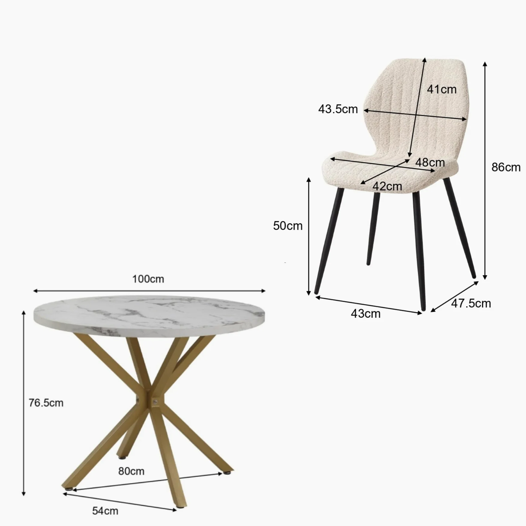 Set Tavolo e Sedie da Pranzo, Tavolo da Pranzo Rotondo da 100 * 100 * 76.5 cm e 4 Sedie Moderne in Teddy Fleece, per Sala da Pranzo, Cucina, Soggiorno, Colore Marmo-GD + Beige