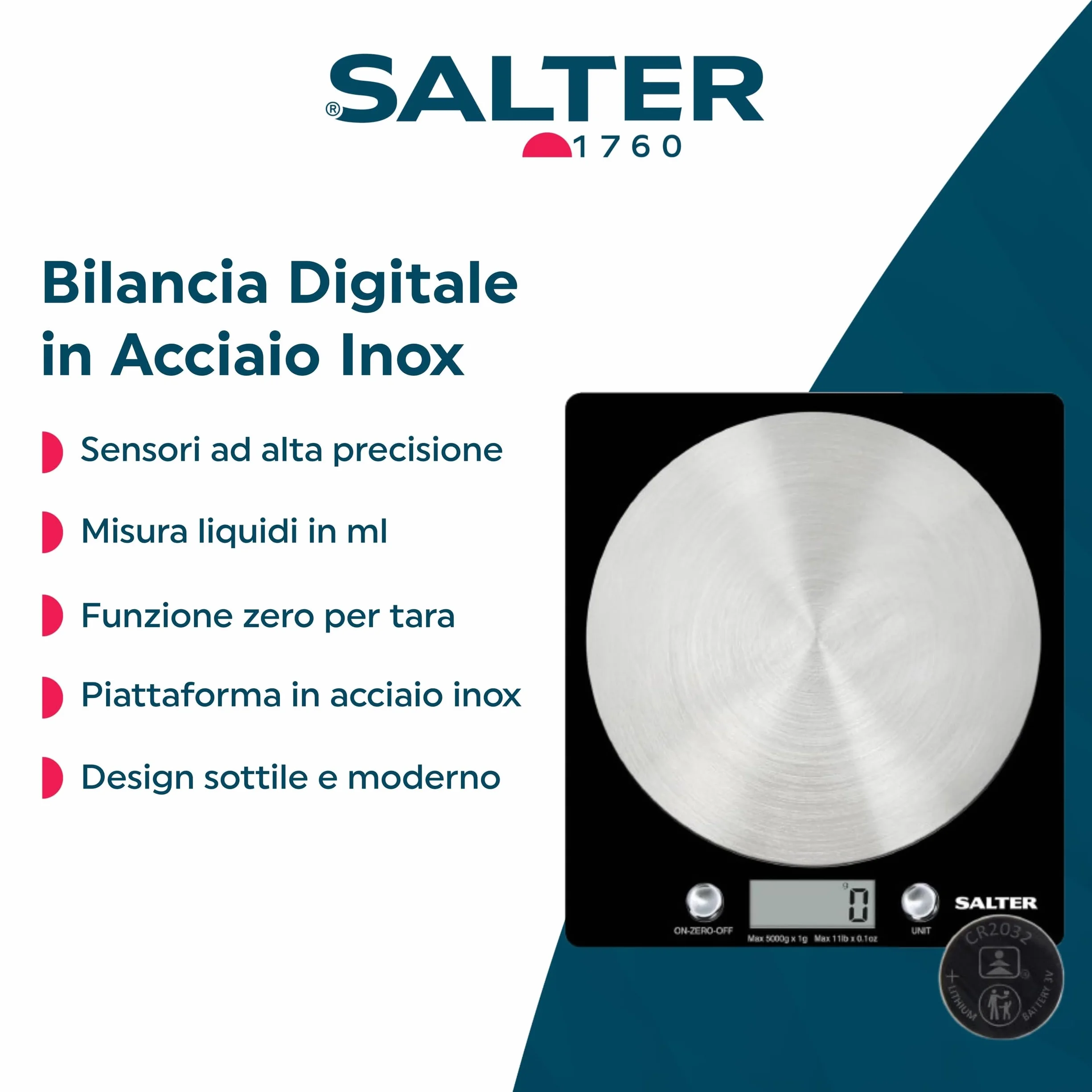 Salter 1036 BKSSDR - Bilancia elettronica a disco, vista in TV, design elegante e sottile, piattaforma in acciaio inox filato, aggiungi e pesa liquidi, capacità max di 5 Kg, Nero/cromato