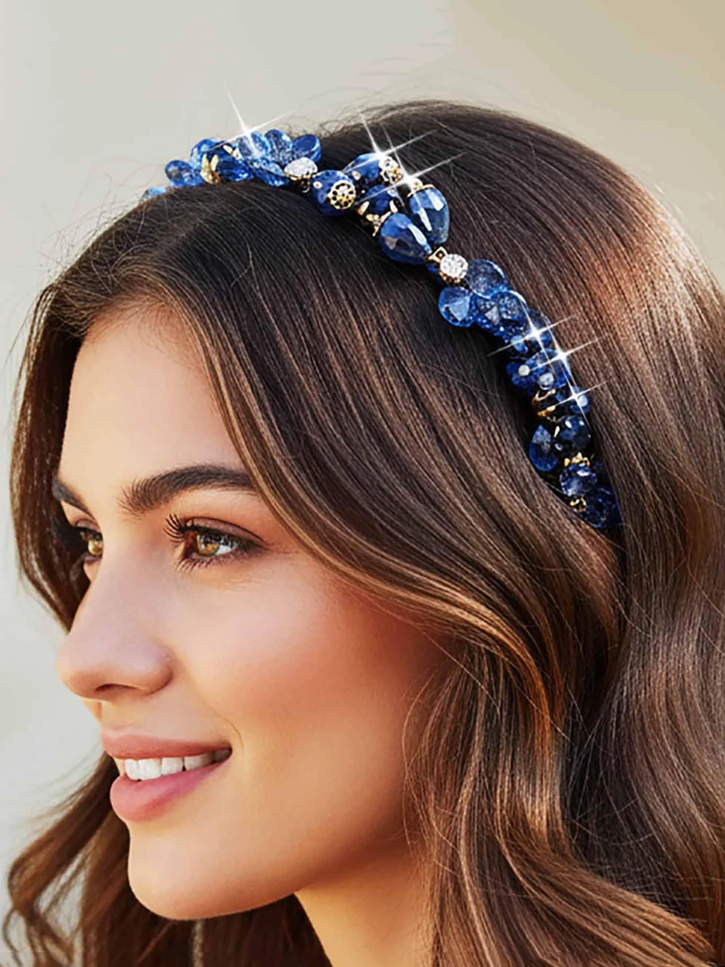 Fascia per Capelli Cristallo Blu Brillante Strass Vintage Festa Ballo Donne