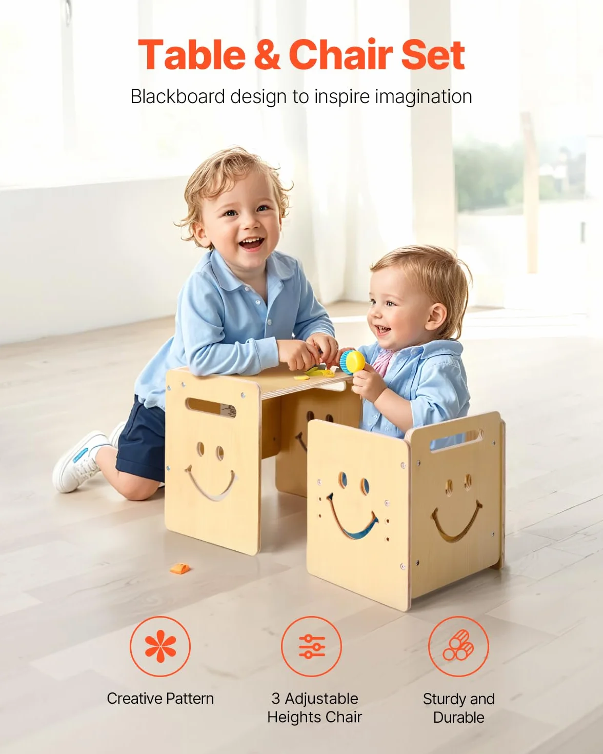 VEVOR Set Tavolo e Sedia per Svezzamento in Legno per Bambini 424 x 300 x 385 mm, Sgabello Regolabile 345 mm