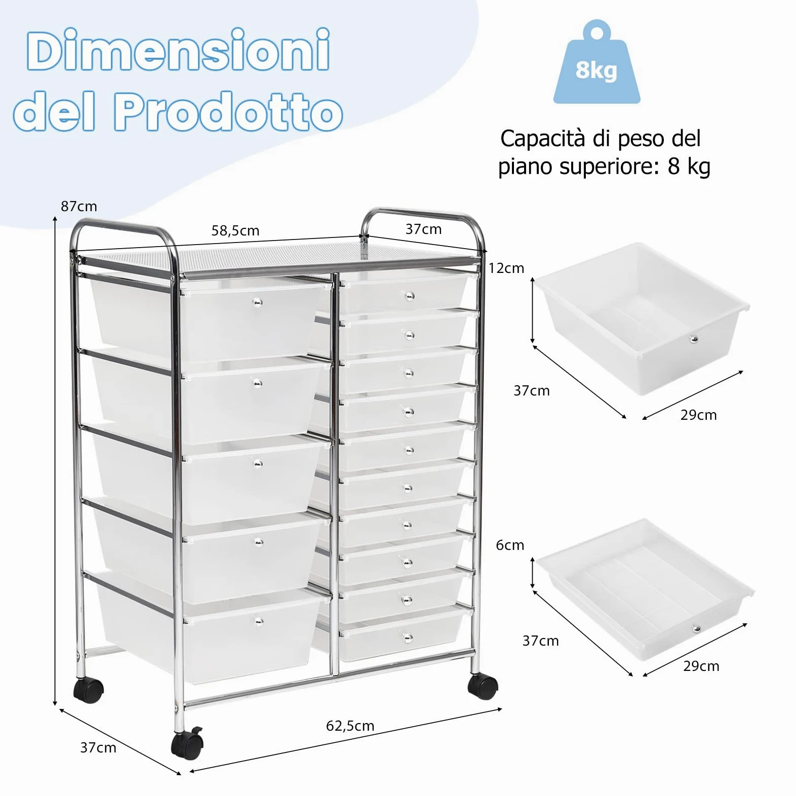 GYMAX Carrello Portaoggetti con 15 Cassetti Staccabilea, Carrellino Salvaspazio con Ruote, per Uffici, Parrucchieri, Studio, Soggiorno, 62,5 x 37 x 87 cm (TRASPARENTE)