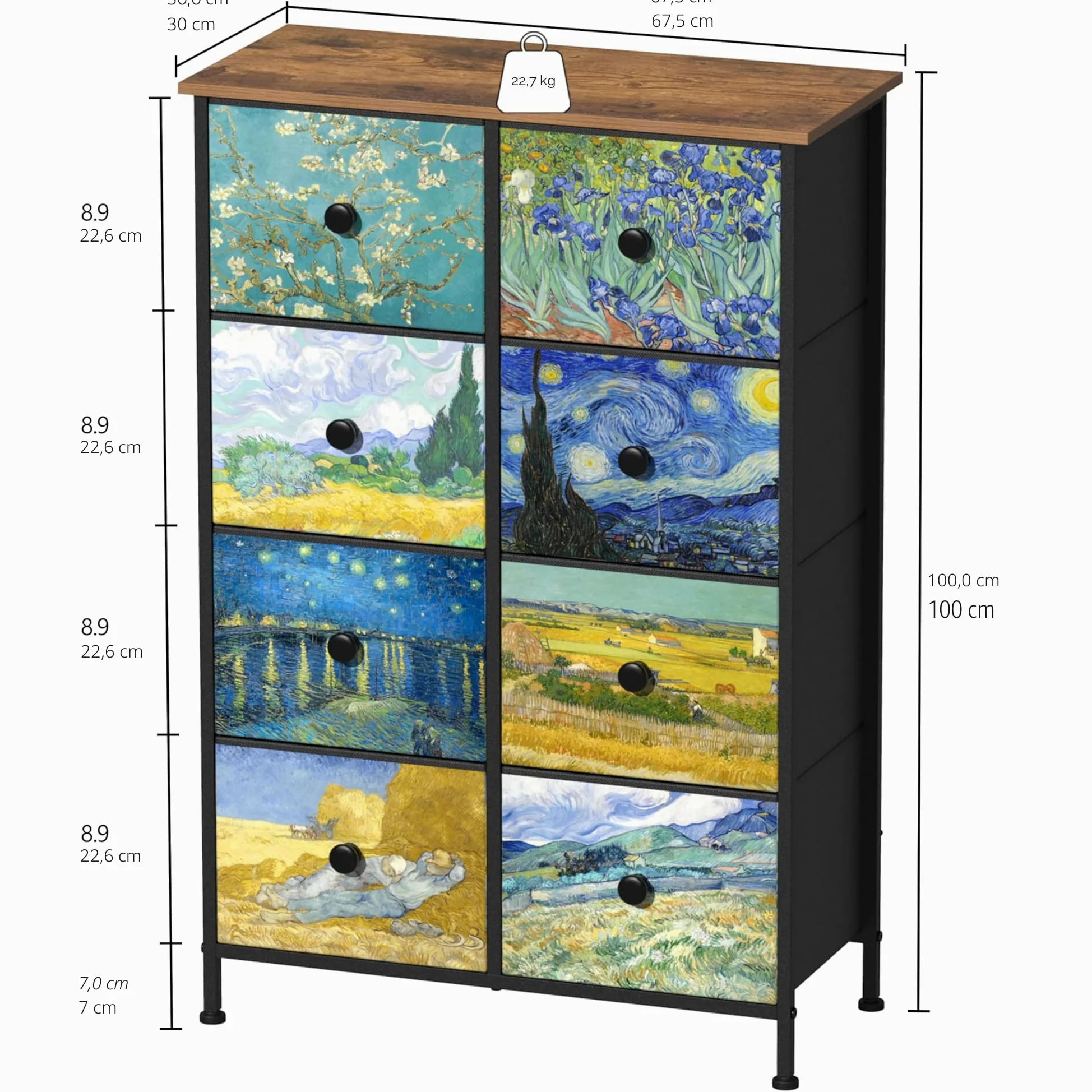 VEDECASA - Cassettiera sottile, alta, con 8 cassetti , motivo Van Gogh, per cameretta dei bambini, soggiorno, corridoio, camera da letto, ufficio, struttura in metallo e pannello in legno