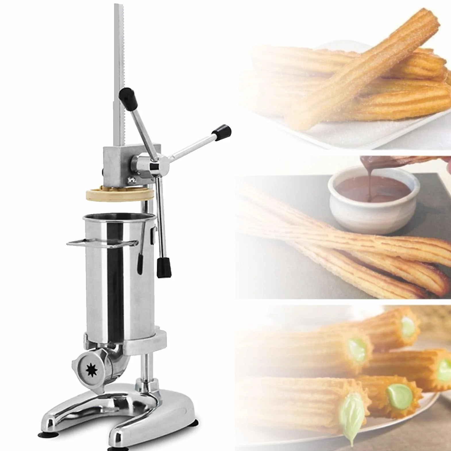 Macchina per Churrera Manuale, Macchina per Churrera Churrera Manuale per Ciambelle Spagnole Commerciali da 2L 3L con 5 Tipi di Stampi, Macchina per Churrera Spagnola Verticale in Acciaio,2L