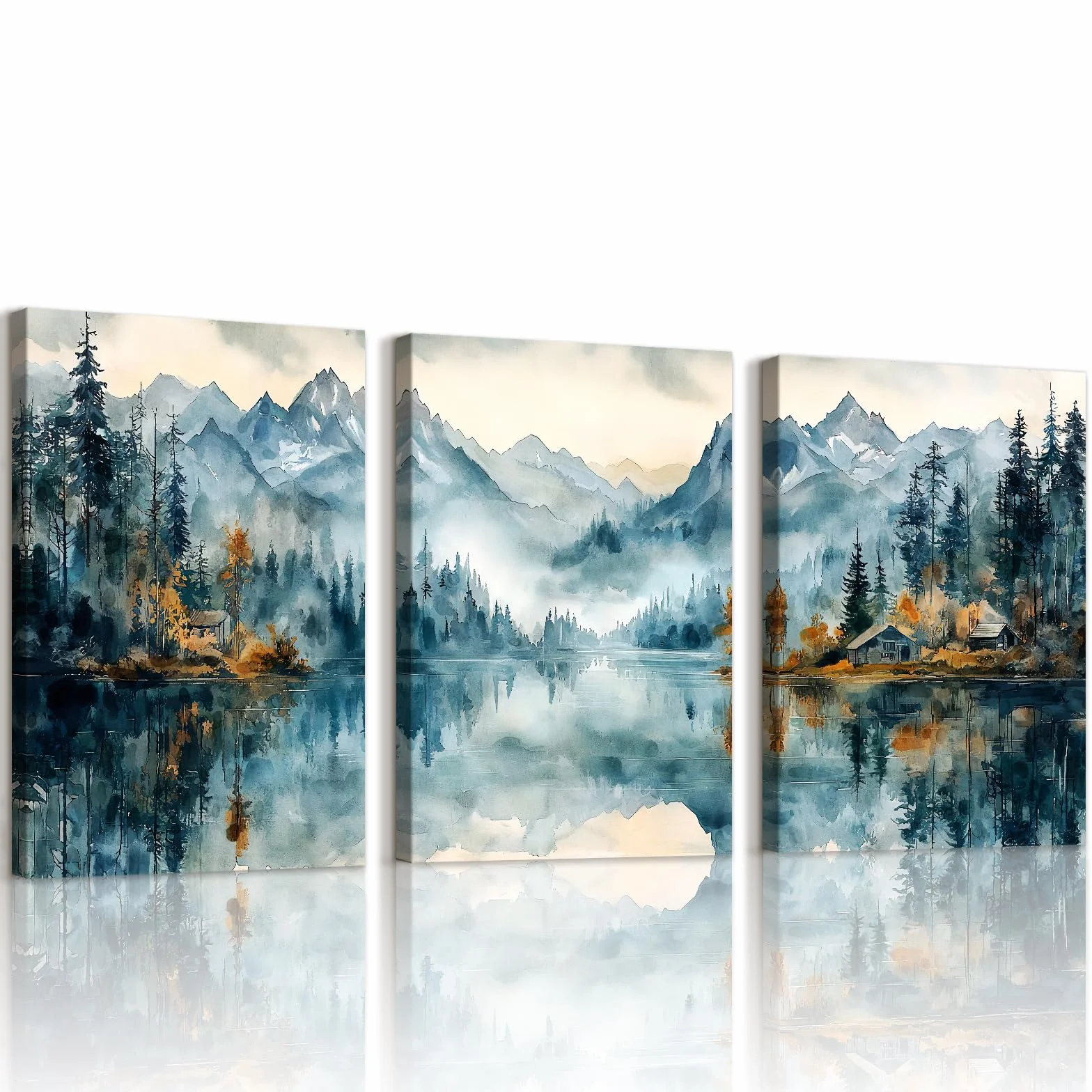 WENGTIAO 3 Pezzi Quadro su Tela Stampa Acquerello Montagna Lago Cornice 40x60cm Decorazione Parete