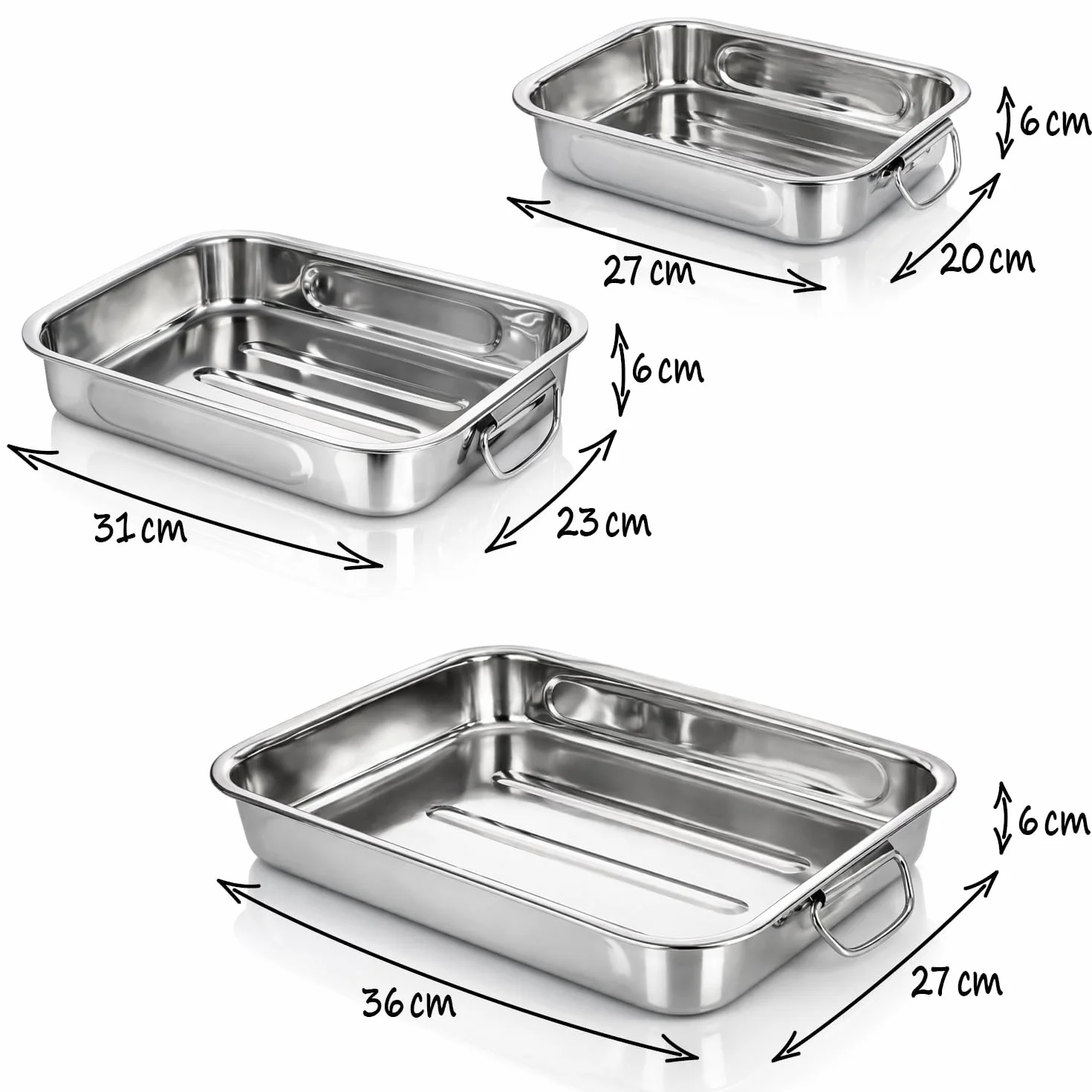 COM-FOUR® set di teglie e teglie da 3 pezzi - teglia in acciaio inossidabile con manici - casseruola in acciaio inossidabile per cucinare e cuocere al forno - pirofila (argento - 3 parti)