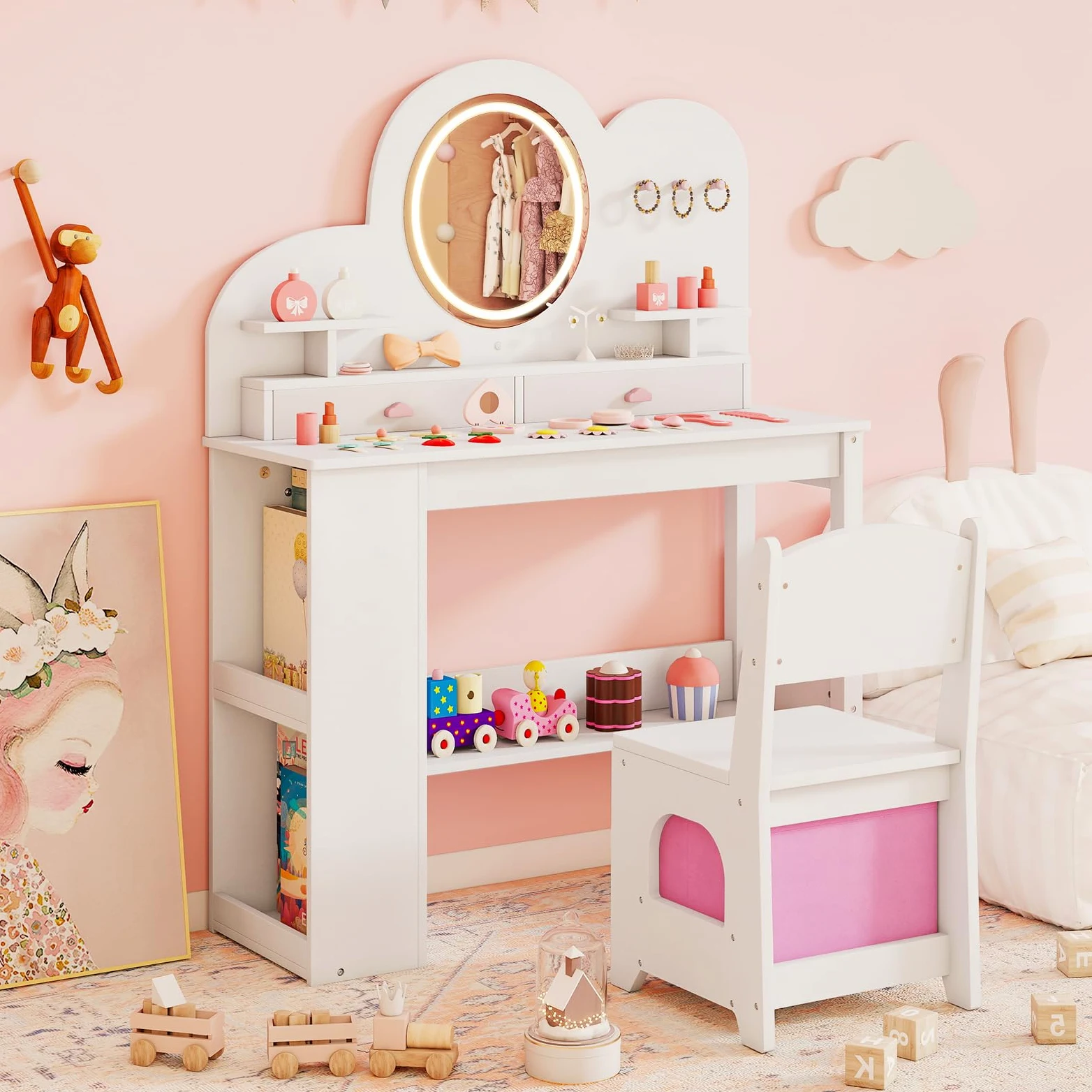 LIFEZEAL Specchiera Trucco per Bambina 3+Anni, con Luci, Sgabello, Sedia, Forma di Nuvole, Toeletta Tavolo, Postazione Makeup, con 3 Cassetti, Ripiani Aperti, Ganci, Accessori, Cameretta (bianco)