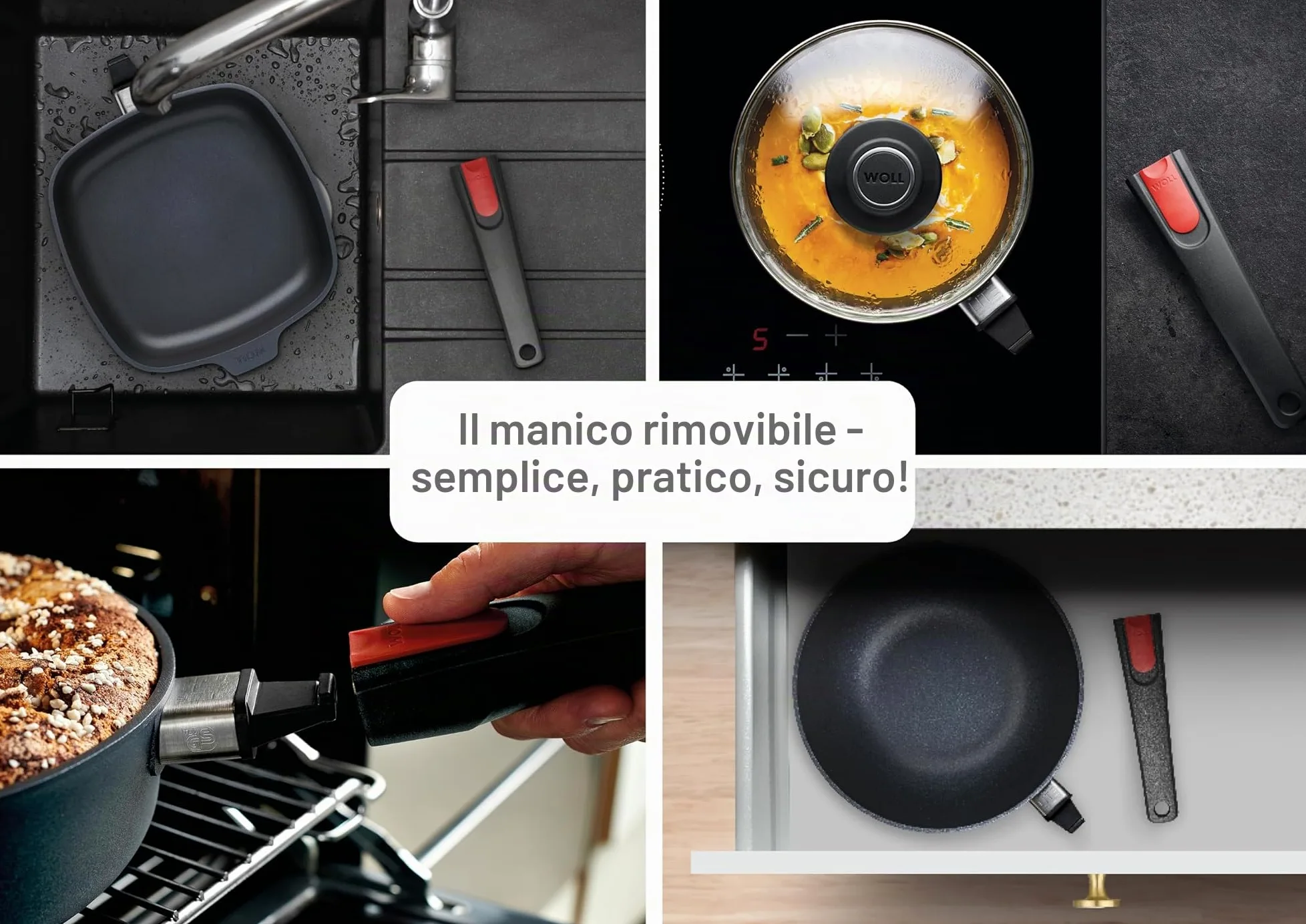 Woll Diamond Lite - Padella Piatta induttiva, Diametro 32 cm, Altezza 5 cm, con Manico Rimovibile, Adatta per Tutti i Piani Cottura, in Alluminio pressofuso, Rivestimento Antiaderente, Resistente al
