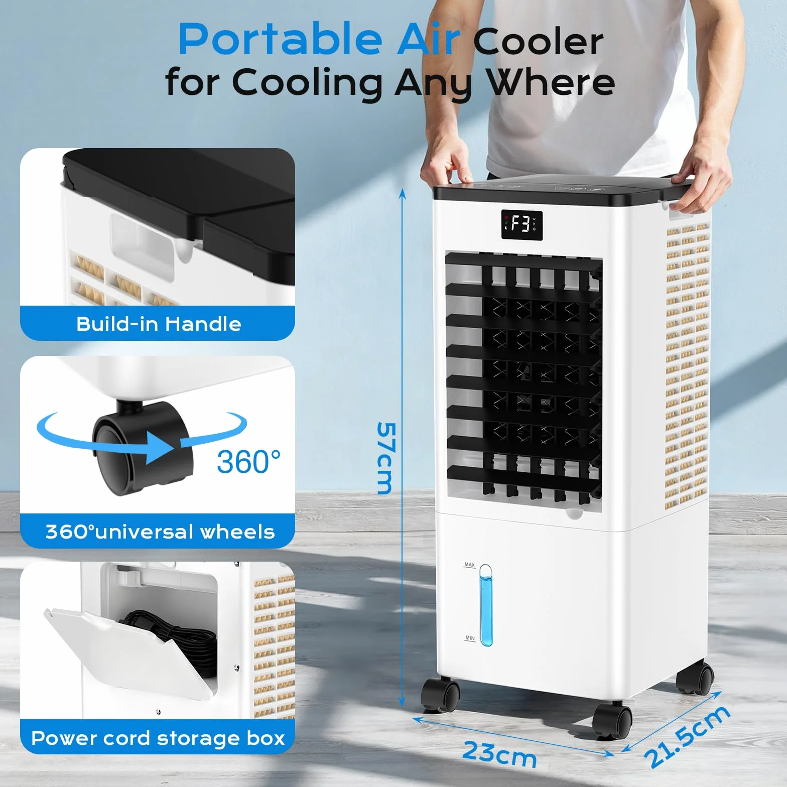 Condizionatore Portatile Senza Tubo Silenzioso, 60W Raffreddatore d'Aria 4 in 1, 4 Modalità 3 Velocità, Oscillazione 60°&120° Timer 1-12 H, con Telecomando, 4 Bottiglie di Ghiaccio per Casa e Ufficio
