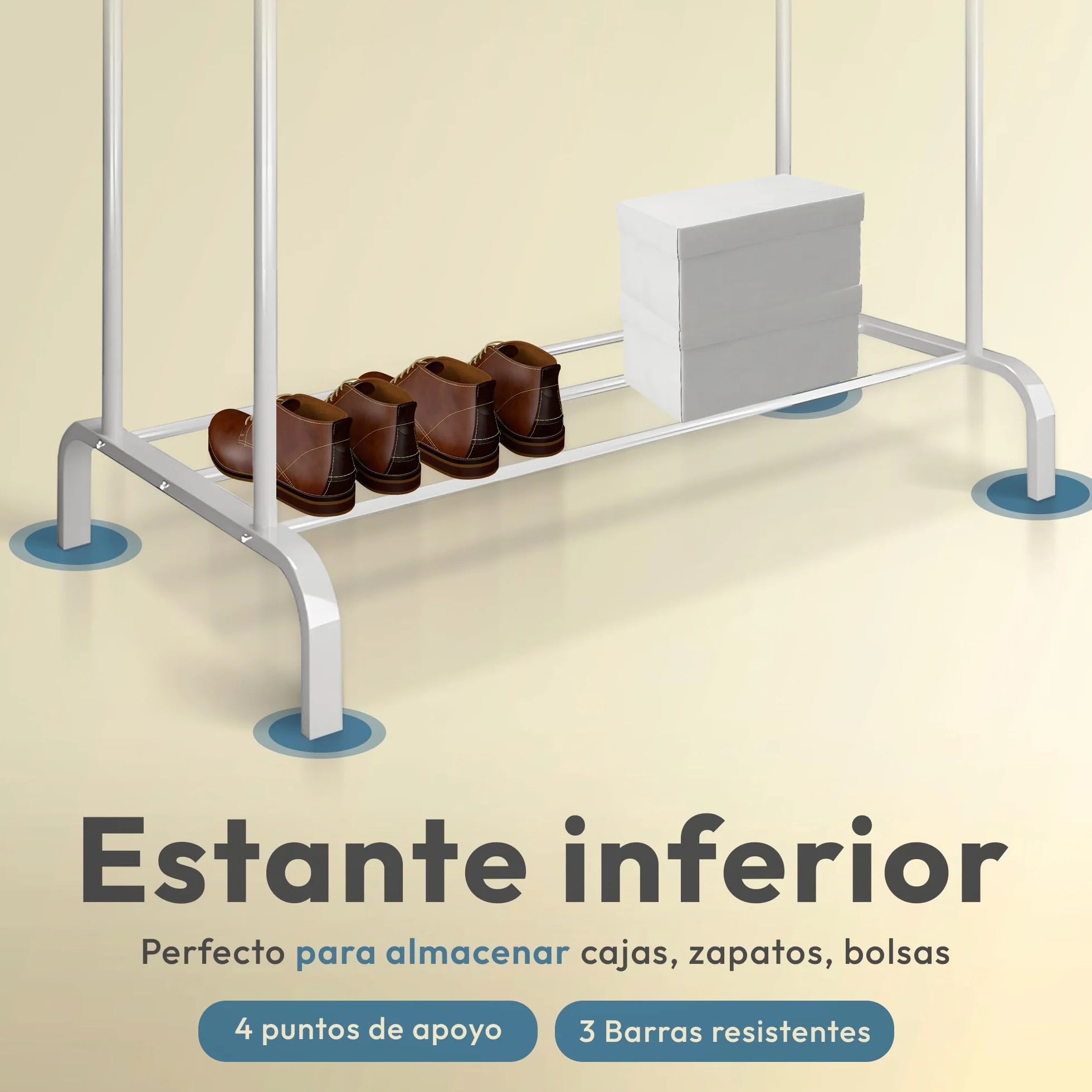 JUPPLIES Appendiabiti Robusto – Stand Appendiabiti Doppio con Ripiano Inferiore | 146 x 110 x 54 cm, in metallo (Bianco)