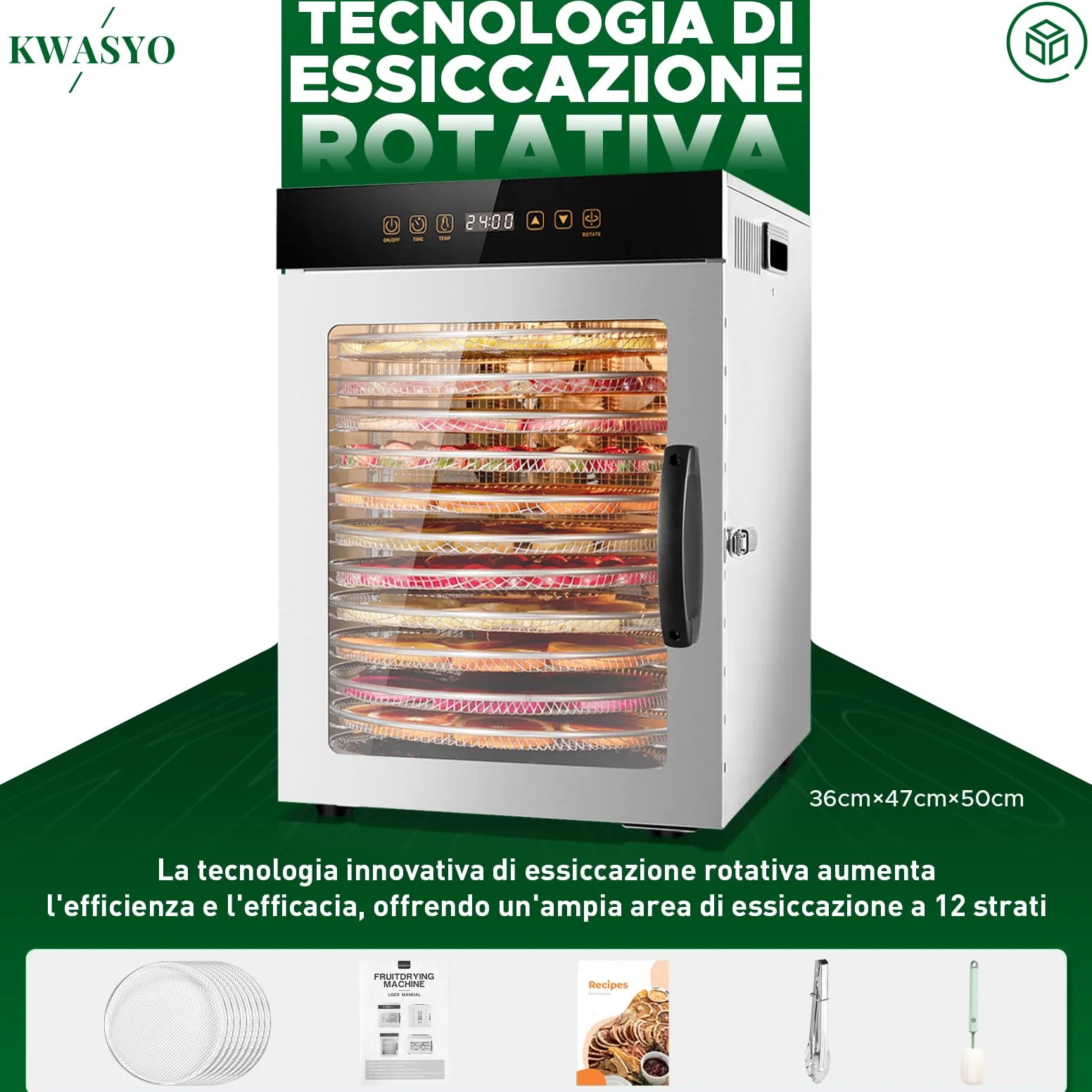 Kwasyo Essiccatore Alimentare Acciaio Inox, 1000W, 12 rotante vassoi, essiccatura automatica, 67 Ricette Gratuite, Timer 24H, Essiccatore Multiuso, Vassoi Lavabili in Lavastoviglie