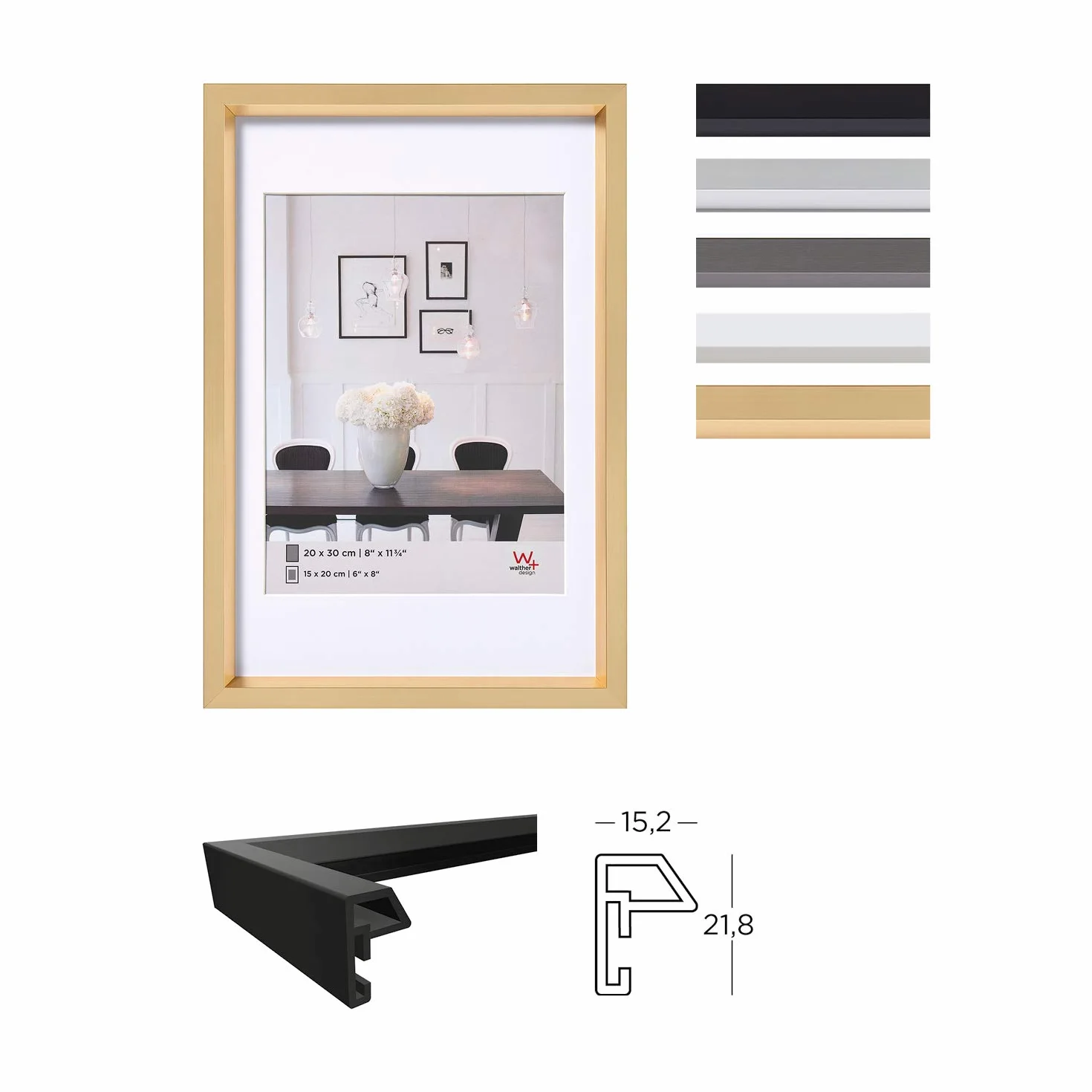 walther design nera 30 x 30 cm con passe-partout, cornice in plastica stile acciaio ES330B