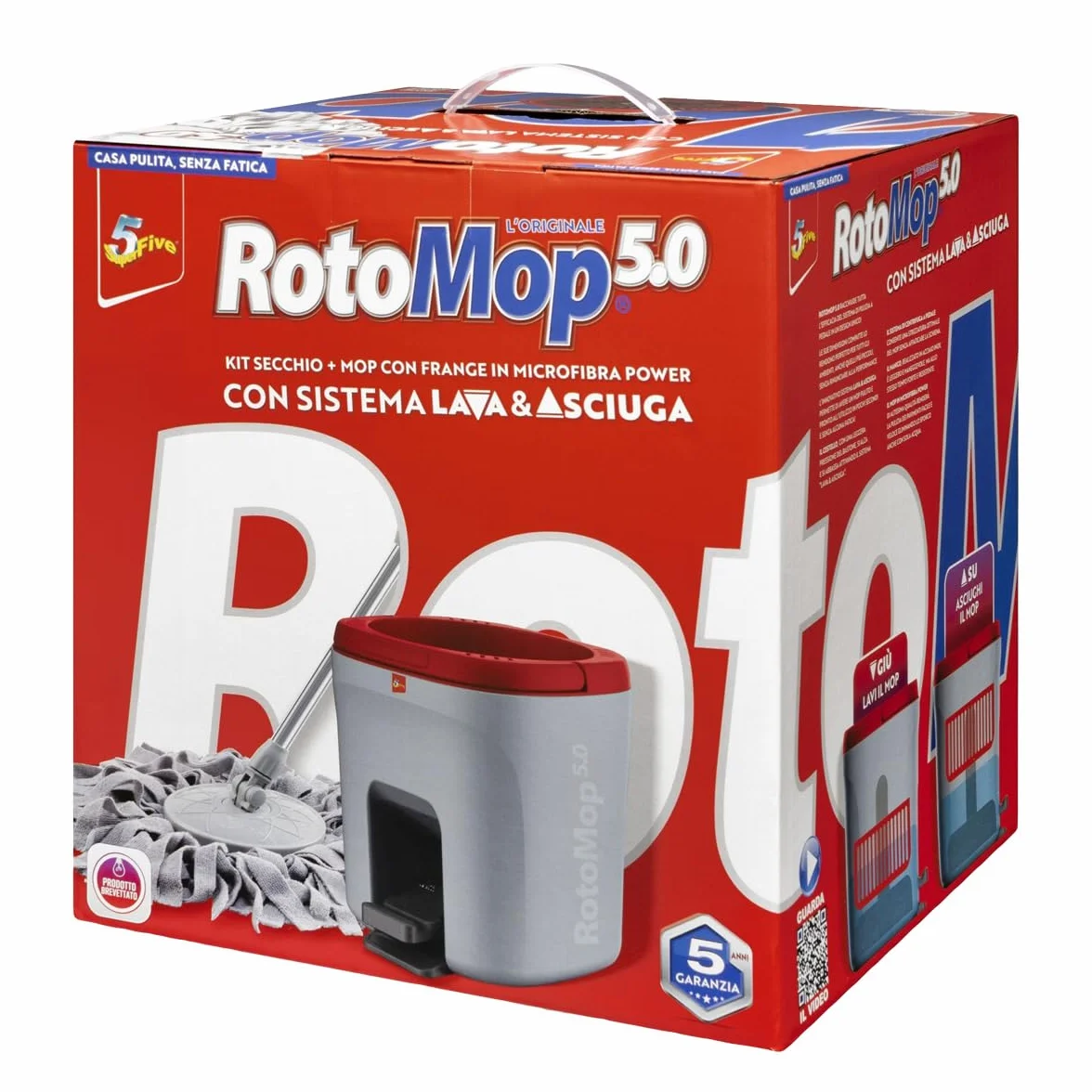 ROTOMOP 5.0 Kit Secchio + Mop con Frange in Microfibra Power con Sistema Lava & Asciuga