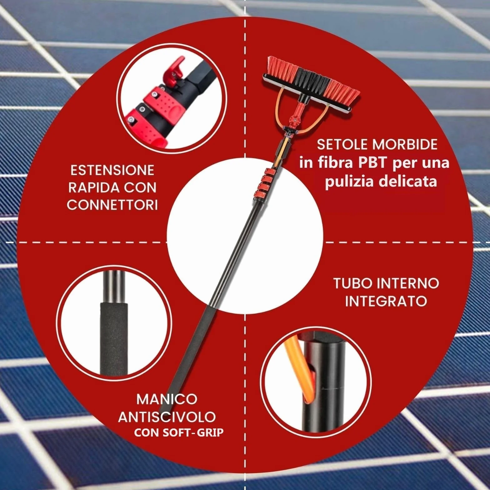 Italia | Kit Pulizia Pannelli Fotovoltaici | Estensibile 7 Metri | Idrospazzola ALINEAR per Lavaggio Tapparelle Vetrate Camper Auto Barca Pannelli Solari | Dispenser di Sapone Integrato