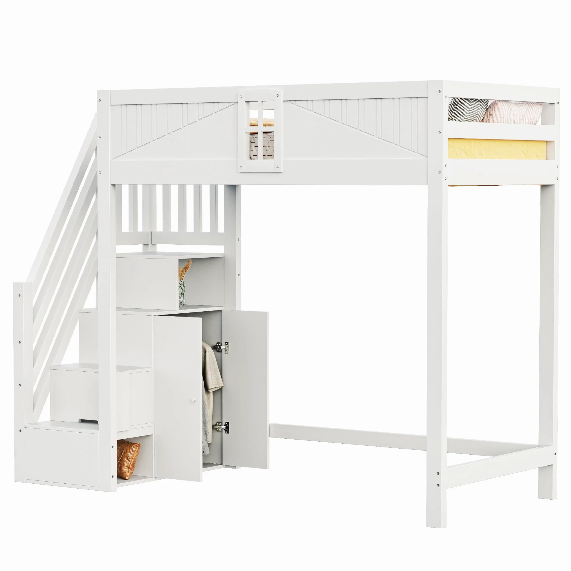 Azkoeesy Letto a soppalco per bambini con scala e armadio, 90 x 200 cm, in legno di pino, grigio-bianco, design a forma di finestra, per adulti e ragazzi (bianco)