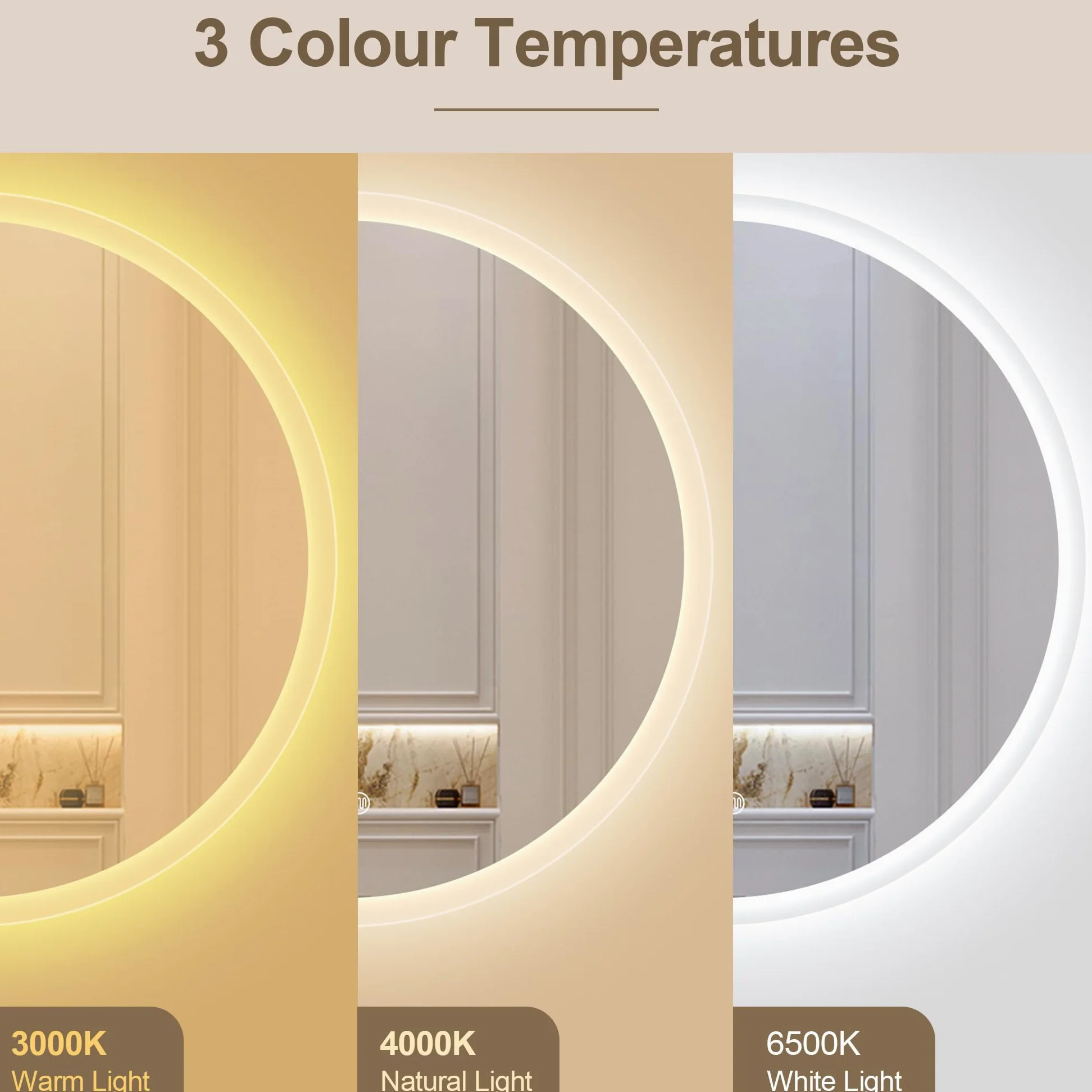 STARLEAD Specchio-Rotondo-Bagno-con-Luce 80cm, Specchio-Bagno-LED con Antiappannamento, Dimmerabile, 3 Colori Luce, Funzione Memoria, IP44, HD Vetro Temperato