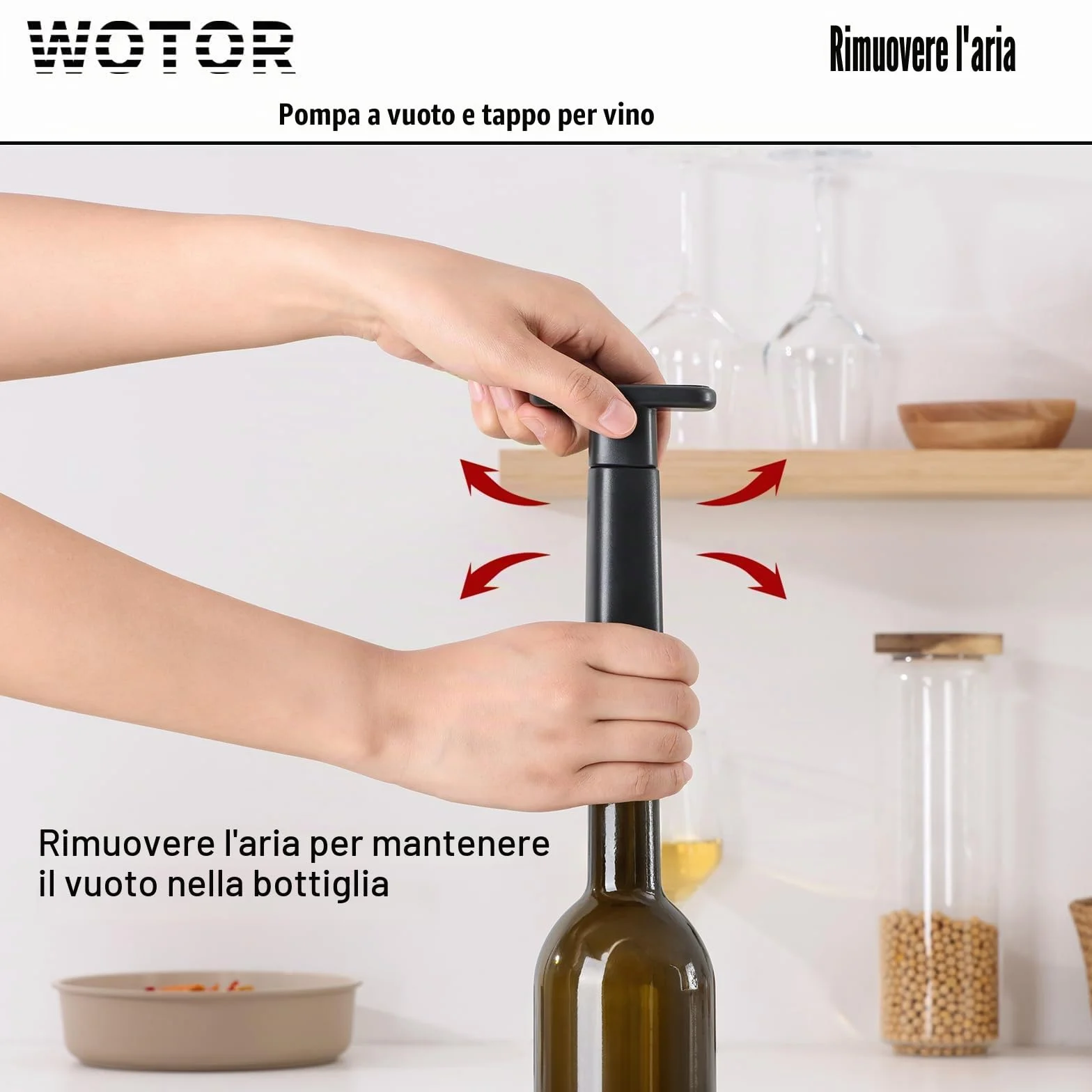 WOTOR Pompa sottovuoto per vino con 4 tappi riutilizzabili
