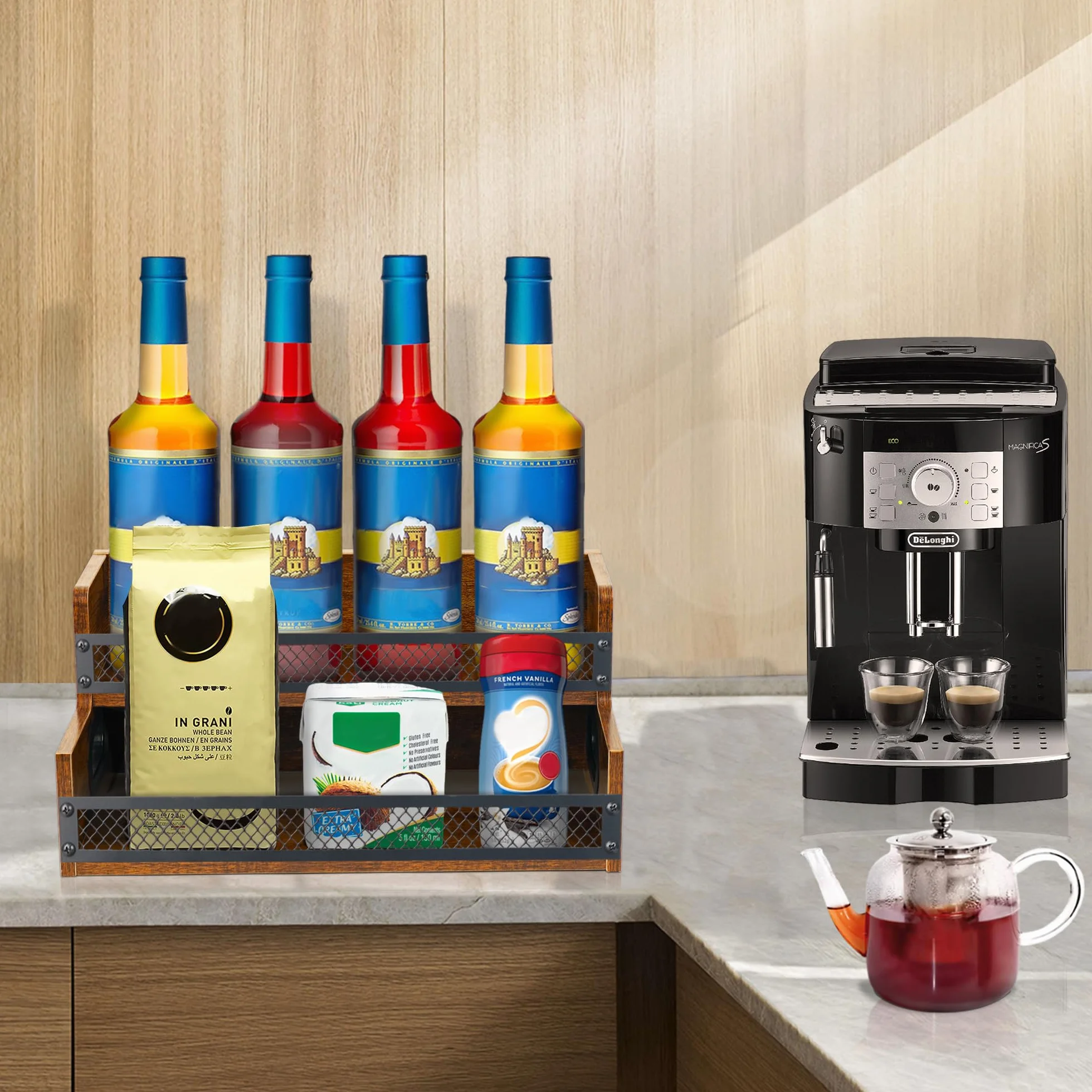 Espositore per bottiglie di liquori, scaffale per sciroppo di caffè, organizer a 2 ripiani per liquori e vino, mini scaffale per 8 bottiglie, per liquori e whisky, organizer per stazioni di caffè