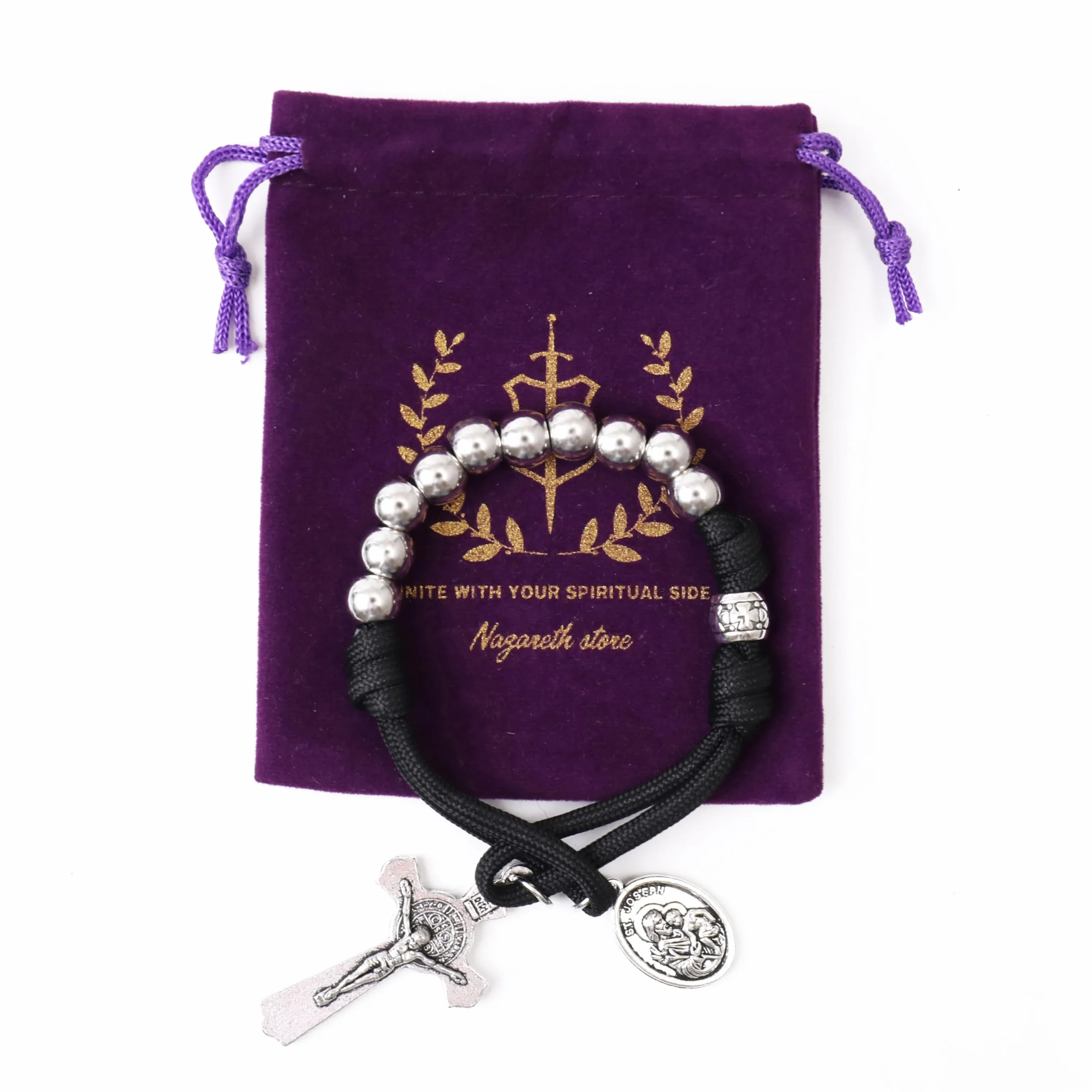 Nazareth Store Rosario militare di un decennio in paracord, perline d'argento, rosario tascabile per auto, prega per noi, medaglia di San Giuseppe e croce di San Benedetto.