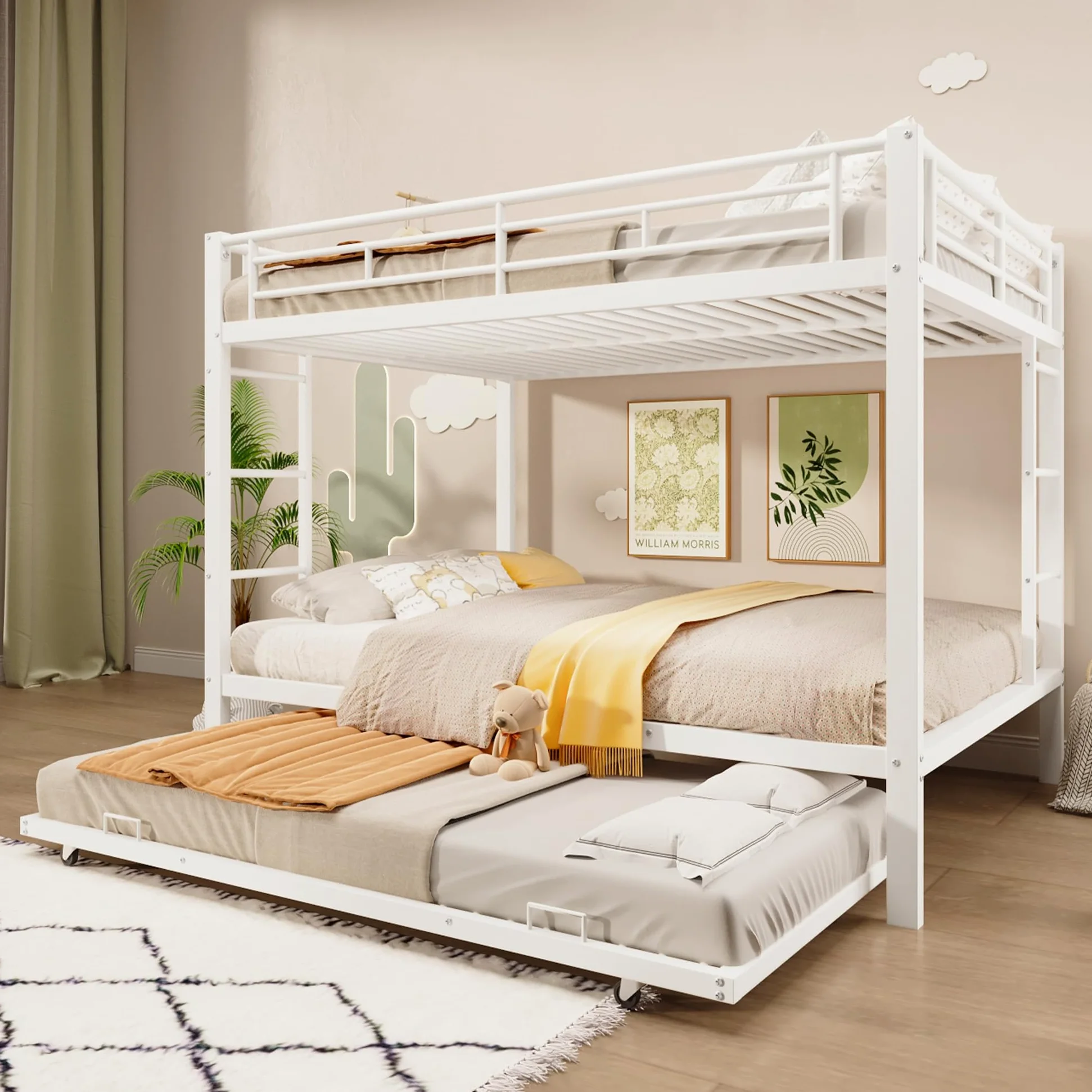 Moimhear 140 x 200 cm, letto a castello, letto con telaio in ferro, letto per bambini, dotato di letto estraibile (90 x 190 cm), ringhiera alta, senza materasso (bianco)