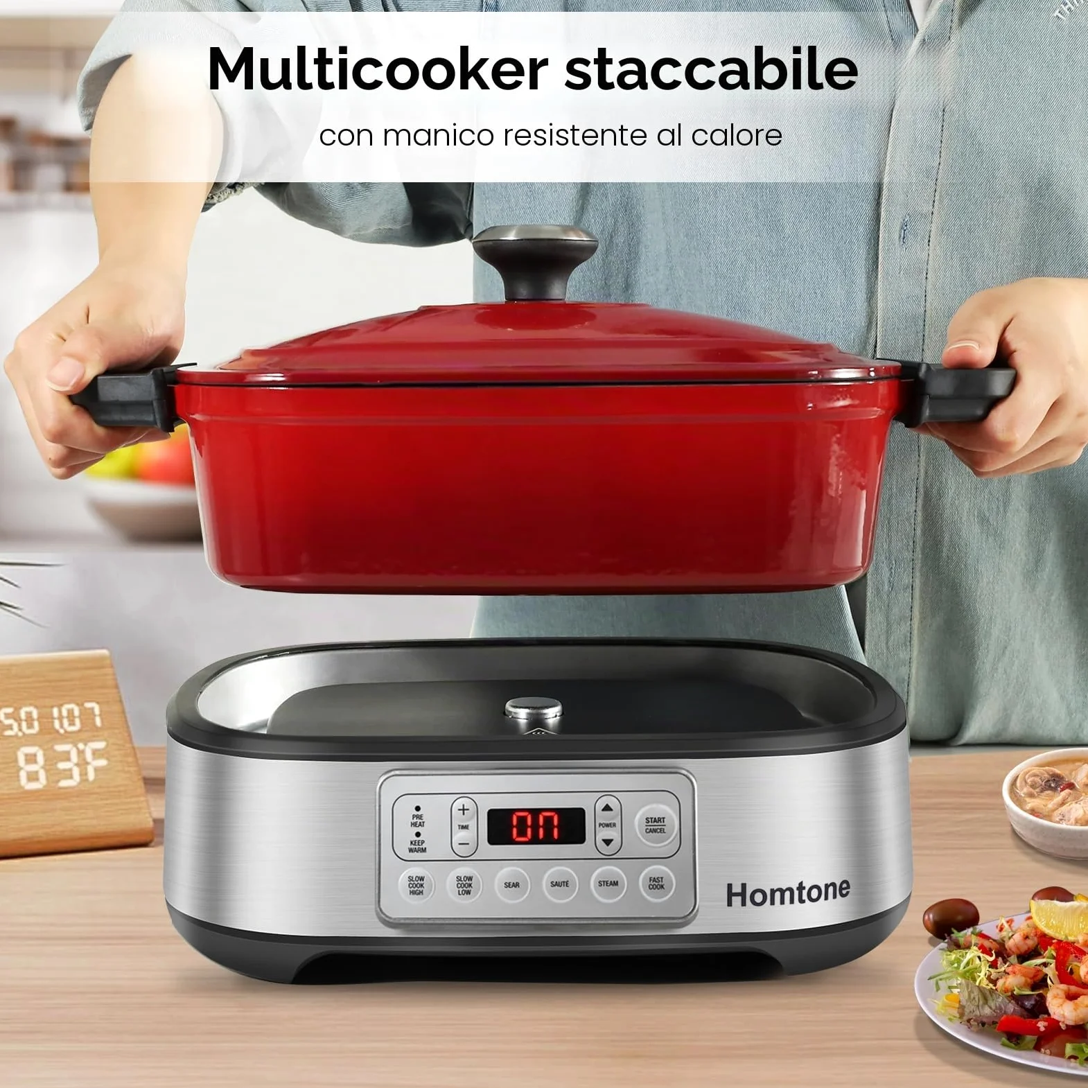 Homtone Casseruola 6 in 1 Slow Cooker, 5,5 l, programmabile, smaltata rimovibile, rivestimento in ceramica, cottura lenta, rosola, cottura a vapore con griglia a vapore, rosso