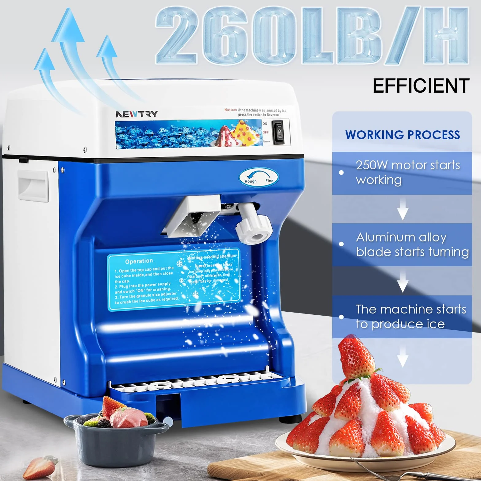 NEWTRY Tritaghiaccio elettrico commerciale 260 lbs/ora lame alluminio spessore regolabile