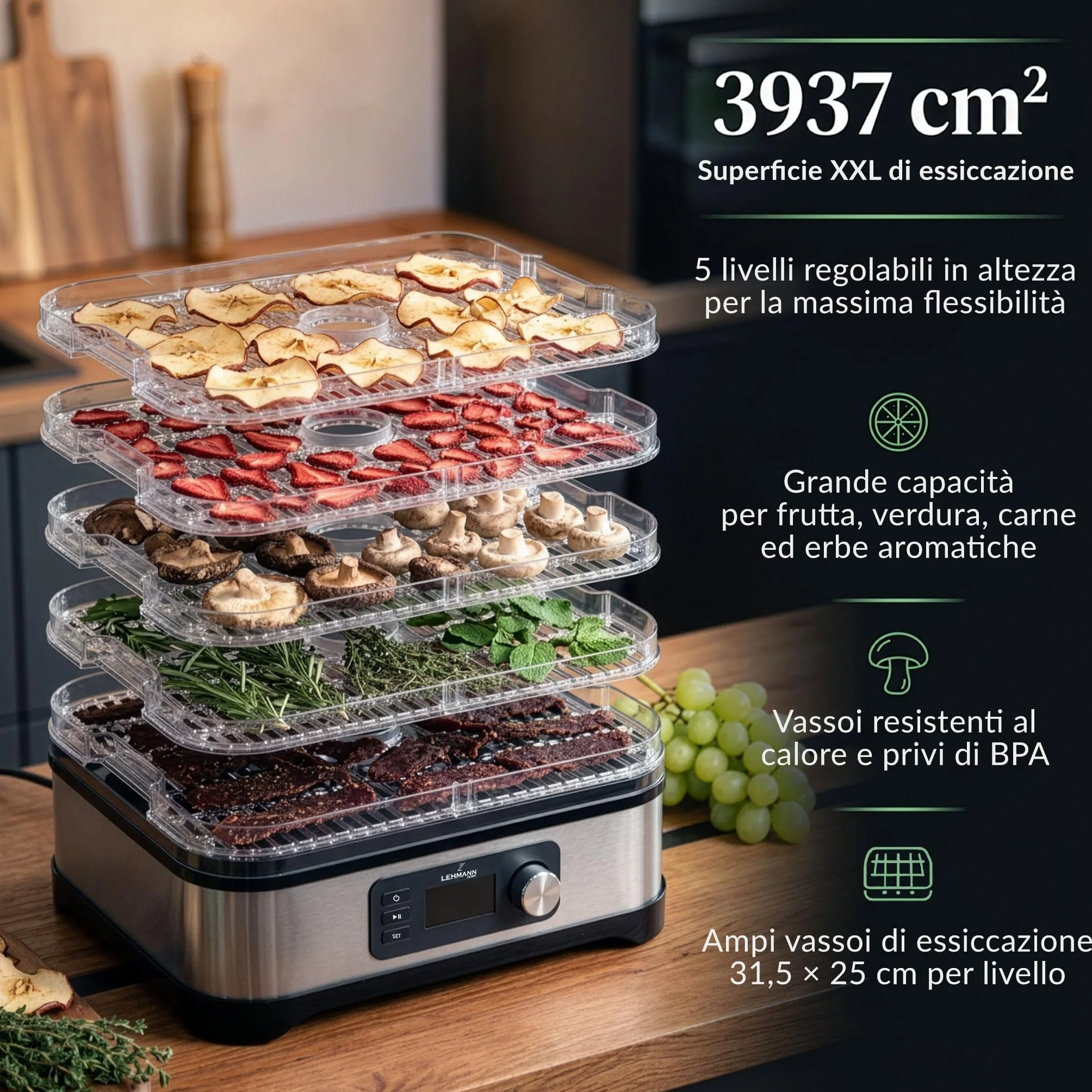 LEHMANN Essiccatore Alimentare, 5 Vassoi Regolabili in Altezza, Regolazione Temperatura 35-70°C, Timer 24h, BPA Free, Acciaio Inox, Essiccatore per Alimenti, Funghi, Frutta, Carne e Verdura