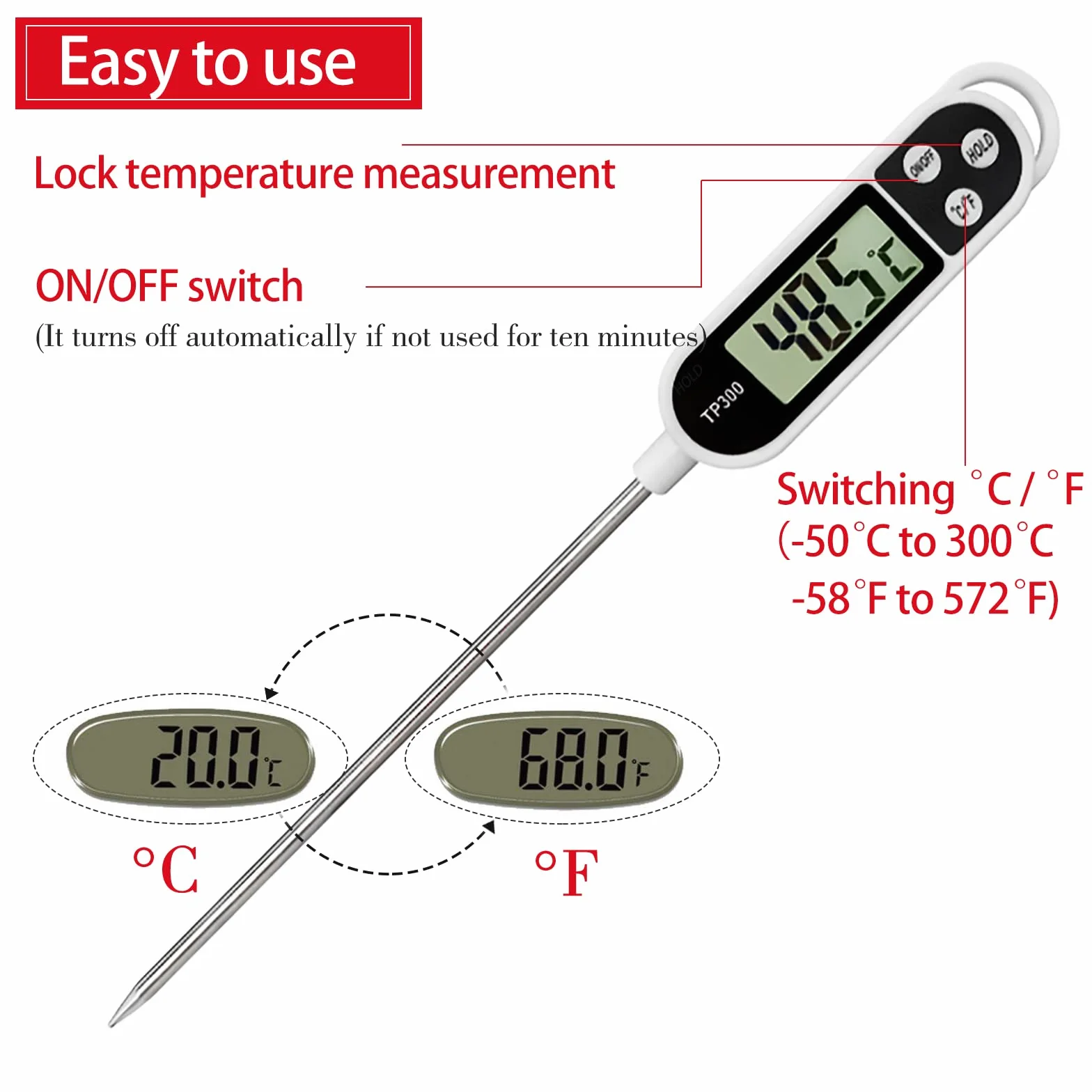 Termometro Alimentare LCD con Sonda Lunga per Cucina e Barbecue, Calibrazione Digitale (Bianco)