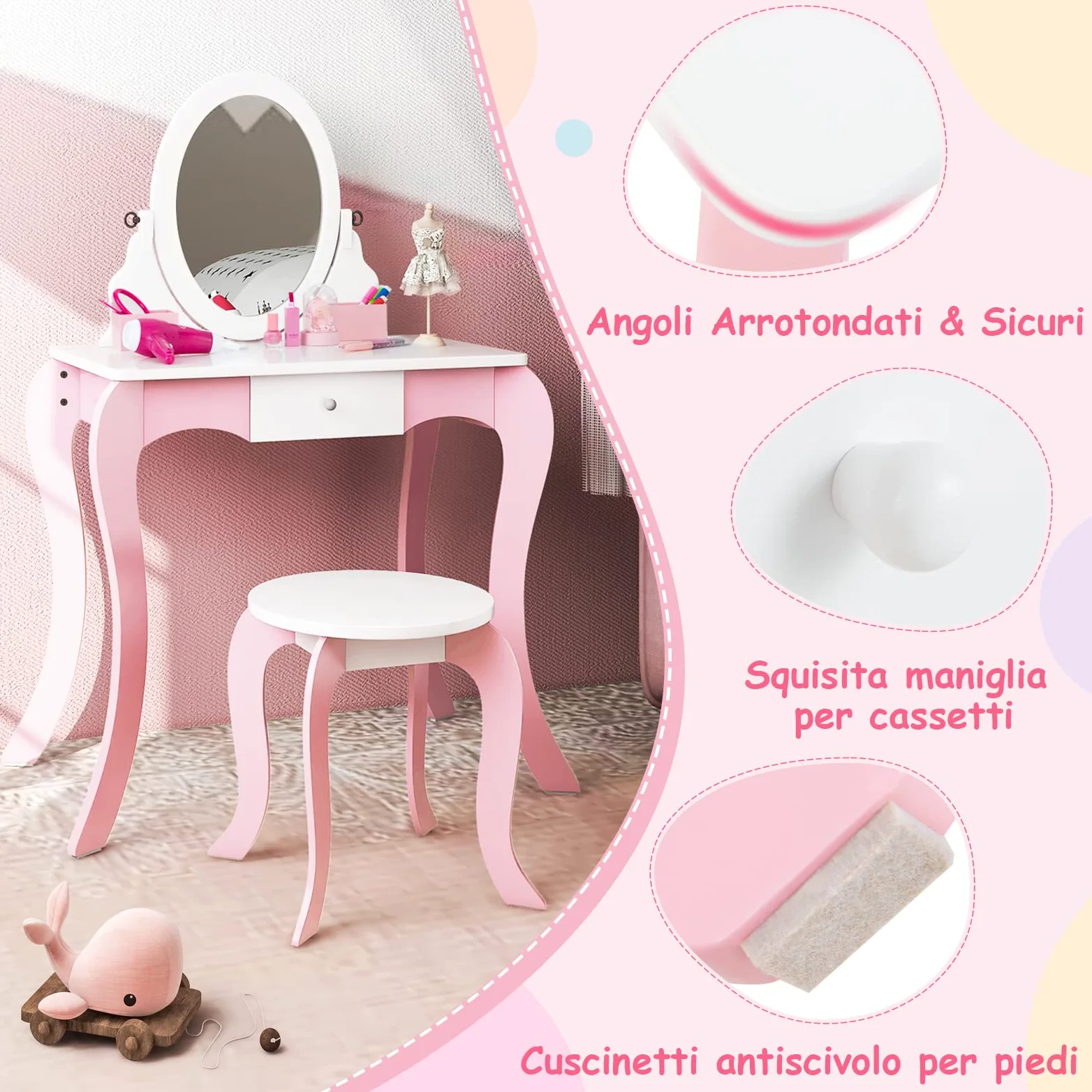 RELAX4LIFE 2 in 1 Toeletta Trucco per Bambini, Set Tavolo da Trucco per bambini, Specchio e Sgabello, Set di Vanità per Bambini da 3 a 7 anni