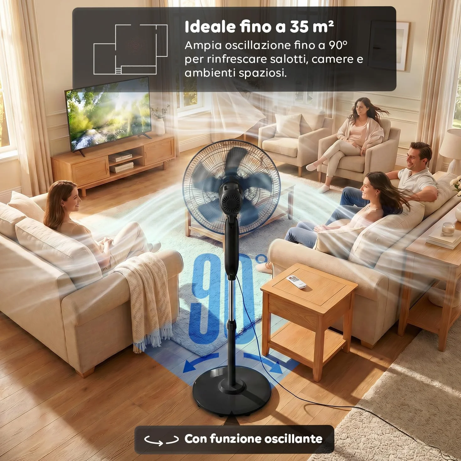 Wintem - Ventilatore a Piantana 40 cm con Telecomando – Altezza Regolabile da 125 a 135 cm – 6 Velocità, Timer 7,5H e Comandi Touch – Piantana Silenziosa 40W (Nero)