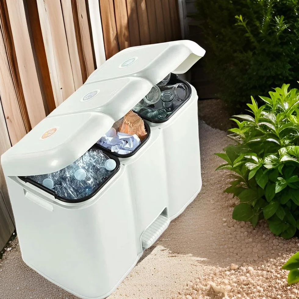 BuyStar Pattumiera Differenziata Bianca da 13+8+13 Litri Struttura Unica con Pedale e Secchi Estraibili 58.5x32xh41.5cm + Etichette Adesive per Differenziare il Riciclaggio