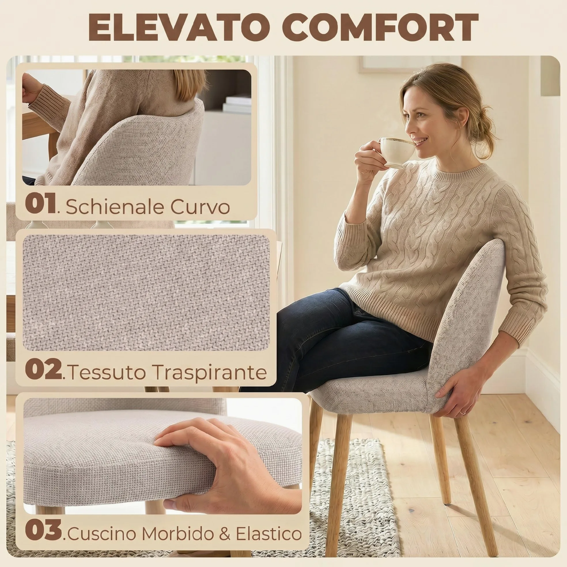 HOMCOM Set di 2 Sedie Sala da Pranzo in Tessuto Effetto Lino, Sedie Cucina Scandinave con Gambe in Legno di Caucciù, Schienale Curvo, Sedia Imbottita per Cucina, Camera da Letto, Soggiorno, Crema