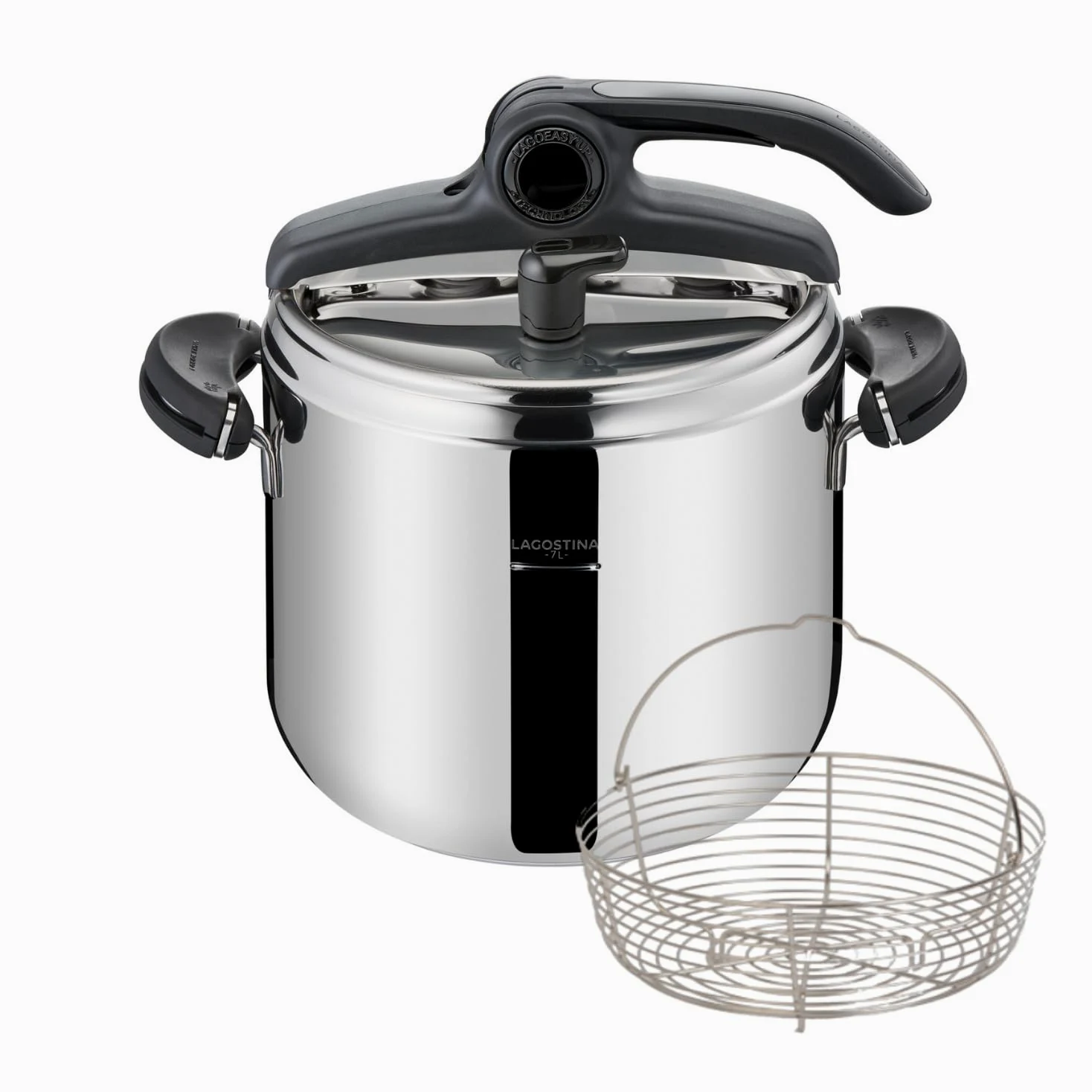 Lagostina Leggera, Pentola a Pressione 7 L in Acciaio Inox, Maniglie a Clip e Cestello Incluso, con Tecnologia Lagoeasy'up® e Fondo Irradial, Compatibile con Induzione