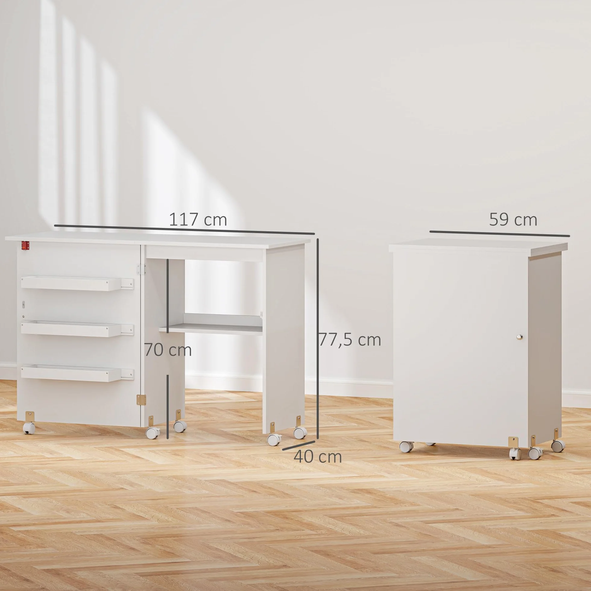 HOMCOM Tavolo da cucito pieghevole Armadio da cucito pieghevole con scomparti, ripiano aperto e rotelle, mobile per macchine da cucire, per soggiorno, ufficio, studio, dim. 118 x 40 x 79,5 cm, bianco