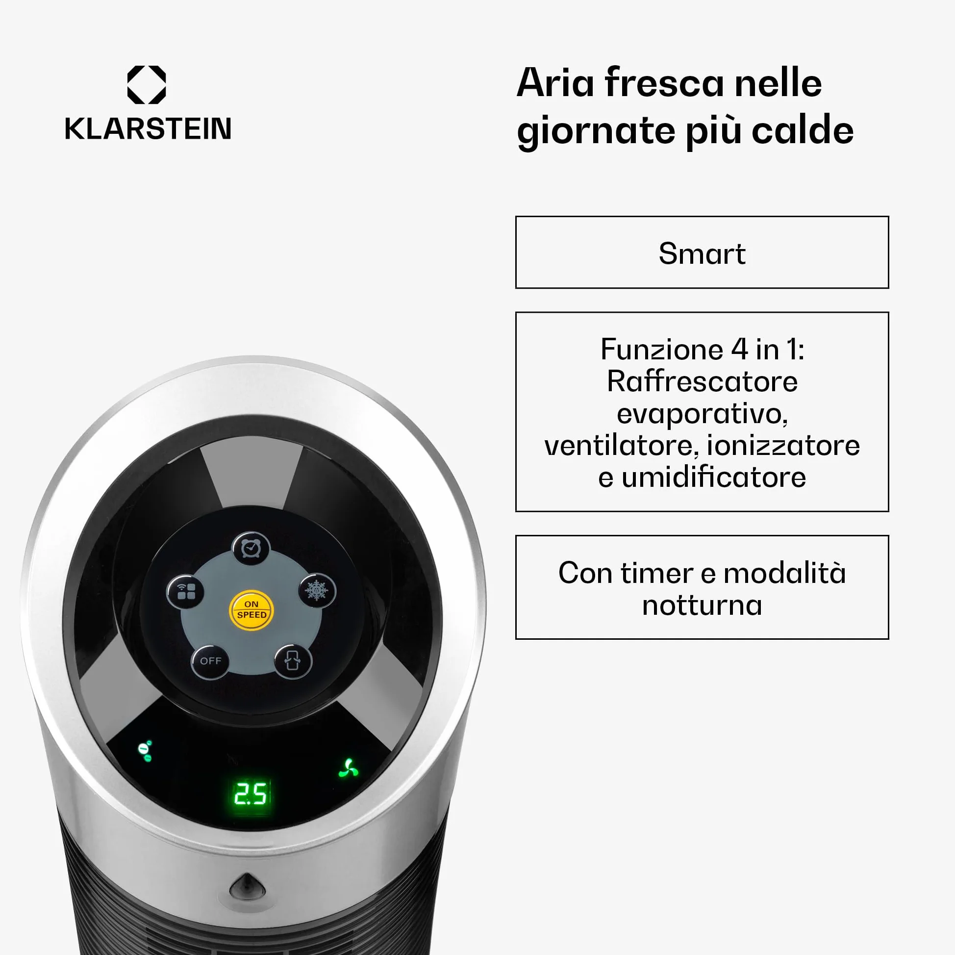 Climatizzatore 4in1: raffrescatore evaporativo, ventilatore, umidificatore/ionizzatore, 6L, oscillazione, 30W, 210m³/h, timer, no tubo di scarico, portatile, Klarstein, Nero, Skyscraper Ice Smart