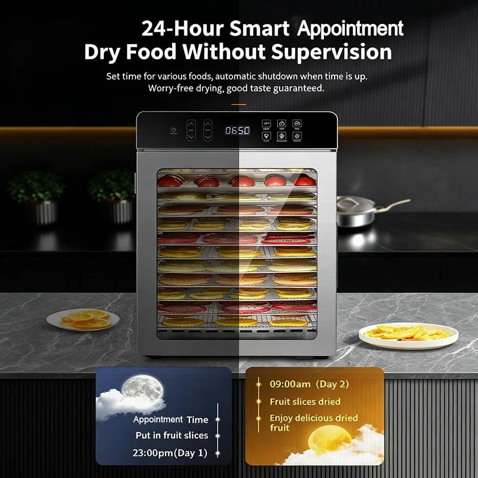 Essiccatore per Alimenti professionale 800W in Acciaio Inox, 10 Vassoi in Acciaio Inox, Grande Capacità, Display LED, Timer 24H, Temperatura Regolabile 30℃ – 90℃, per Carne, Frutta, Verdure(10 tray)