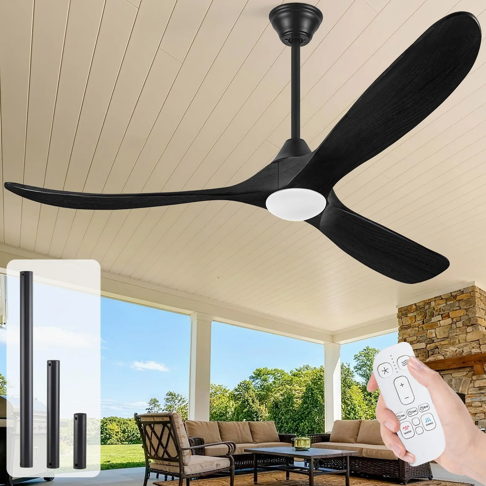 Ventilatori Da Soffitto Per Esterni In Legno Nero Da 178 Cm Con Luce, Moderno Ventilatore Da Soffitto A 3 Pale Con Telecomando, Motore Cc Silenzioso Reversibile