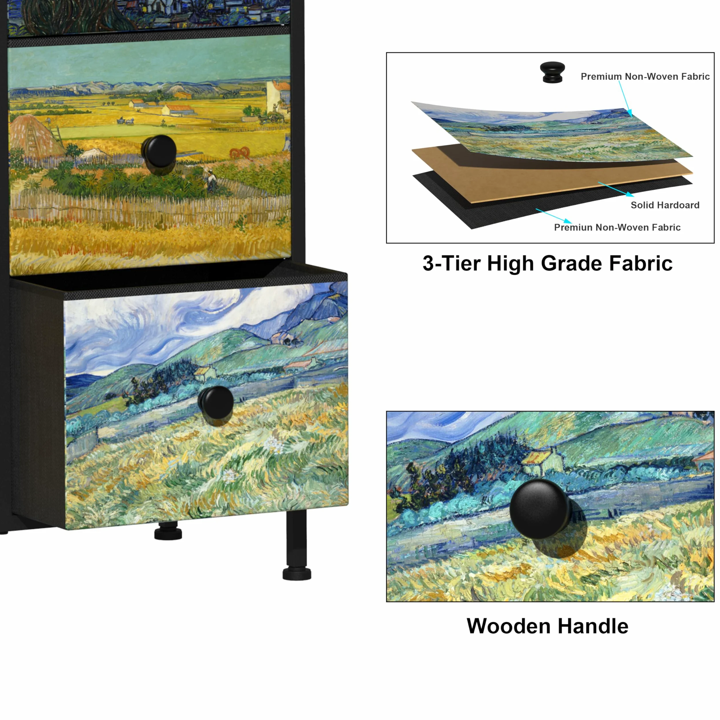 VEDECASA - Cassettiera sottile, alta, con 8 cassetti , motivo Van Gogh, per cameretta dei bambini, soggiorno, corridoio, camera da letto, ufficio, struttura in metallo e pannello in legno