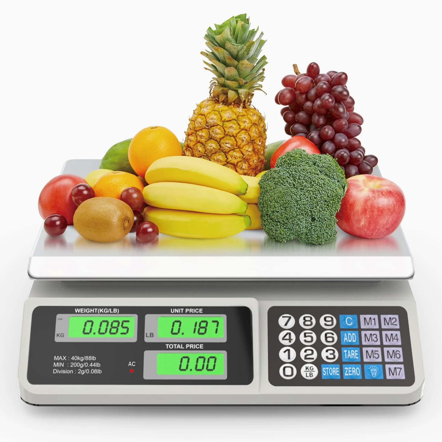 Bilancia digitale per calcolo dei prezzi, 40 kg, bilancia commerciale digitale per alimenti, con calcolatrice dei prezzi, per mercati agricoli, punti vendita, negozi di carne e gastronomia, conteggio