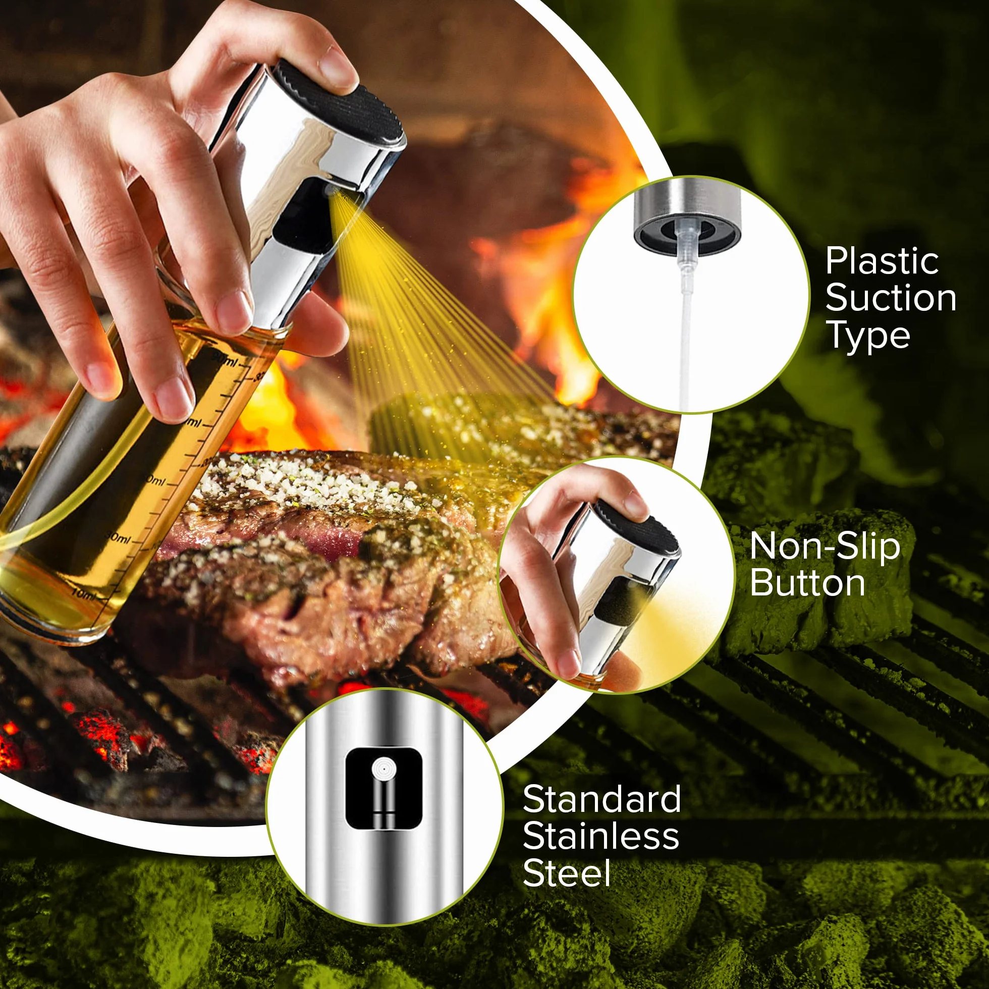 PORTENTUM Spruzzatore Olio Spray Acciaio Inox 100ml Oliera Vetro Cucina Friggitrice Aria