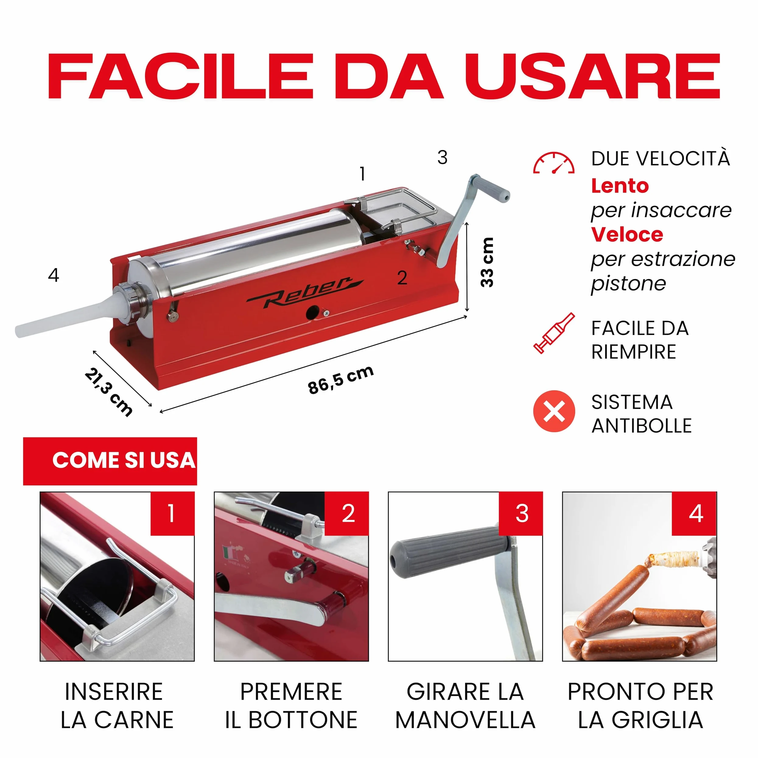 Reber Insaccatrice Manuale 6,8L/8KGS – Macchina per Salsicce Orizzontale con Sistema a 2 Velocità, per Uso Domestico e Professionale - Struttura Robusta in Acciaio INOX – 4 Imbuti Inclusi
