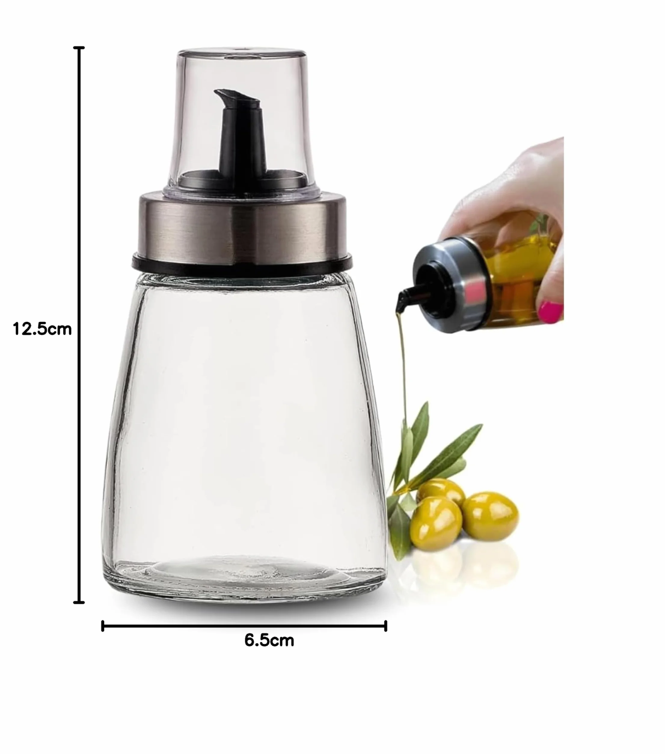 PARENCE.- Flacone per olio da 200 ml con tappo versatore - Dosatore in vetro e acciaio inox - Contenitore per olio, aceto, salsa - 6,5x6,5x12,5 cm - Versamento preciso e senza gocciolamento