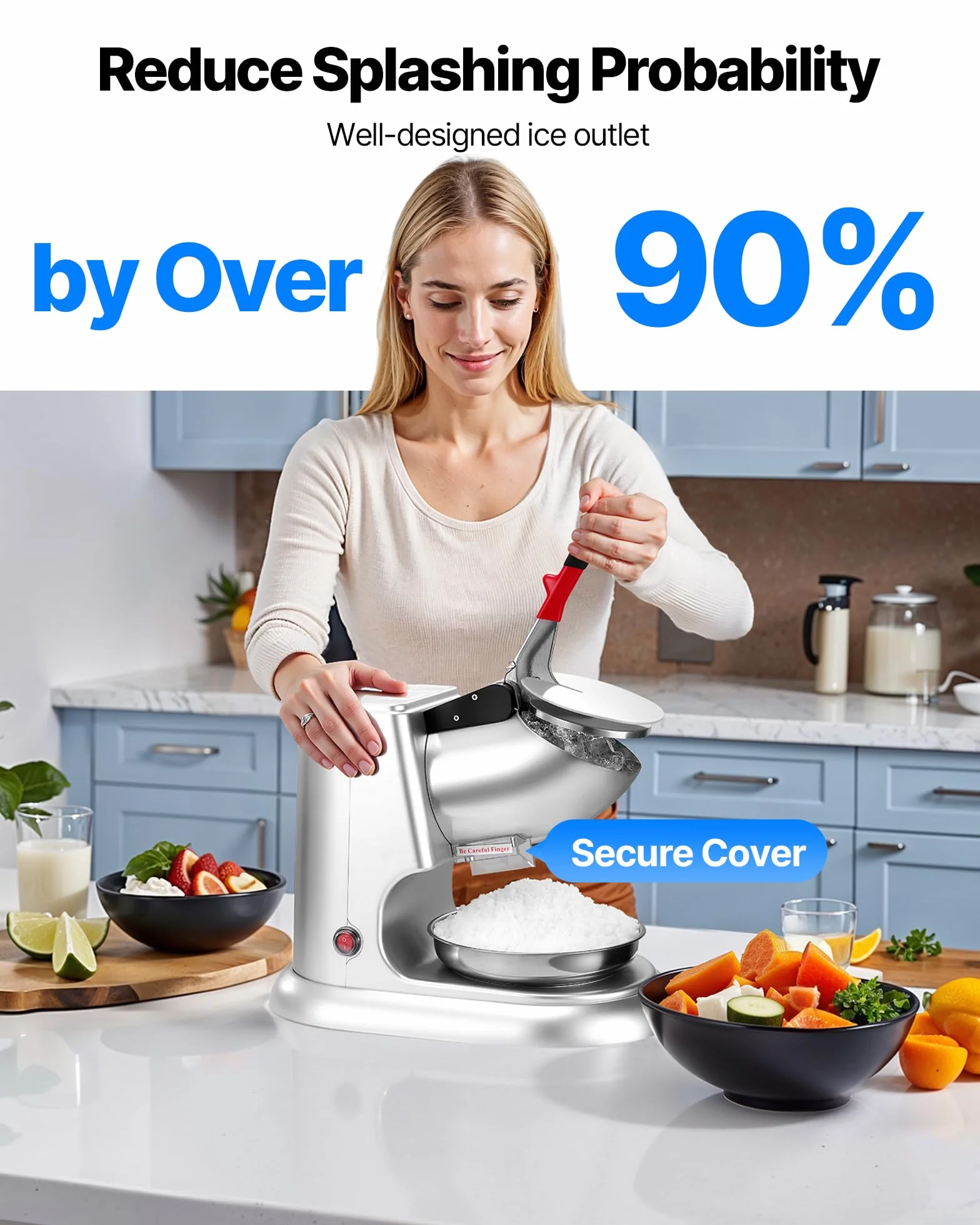 VEVOR Macchina Tritaghiaccio 100 kg/h, Produttore di Granita 4 Lame, Acciaio Inox 300 W 2000 Giri/min Argento