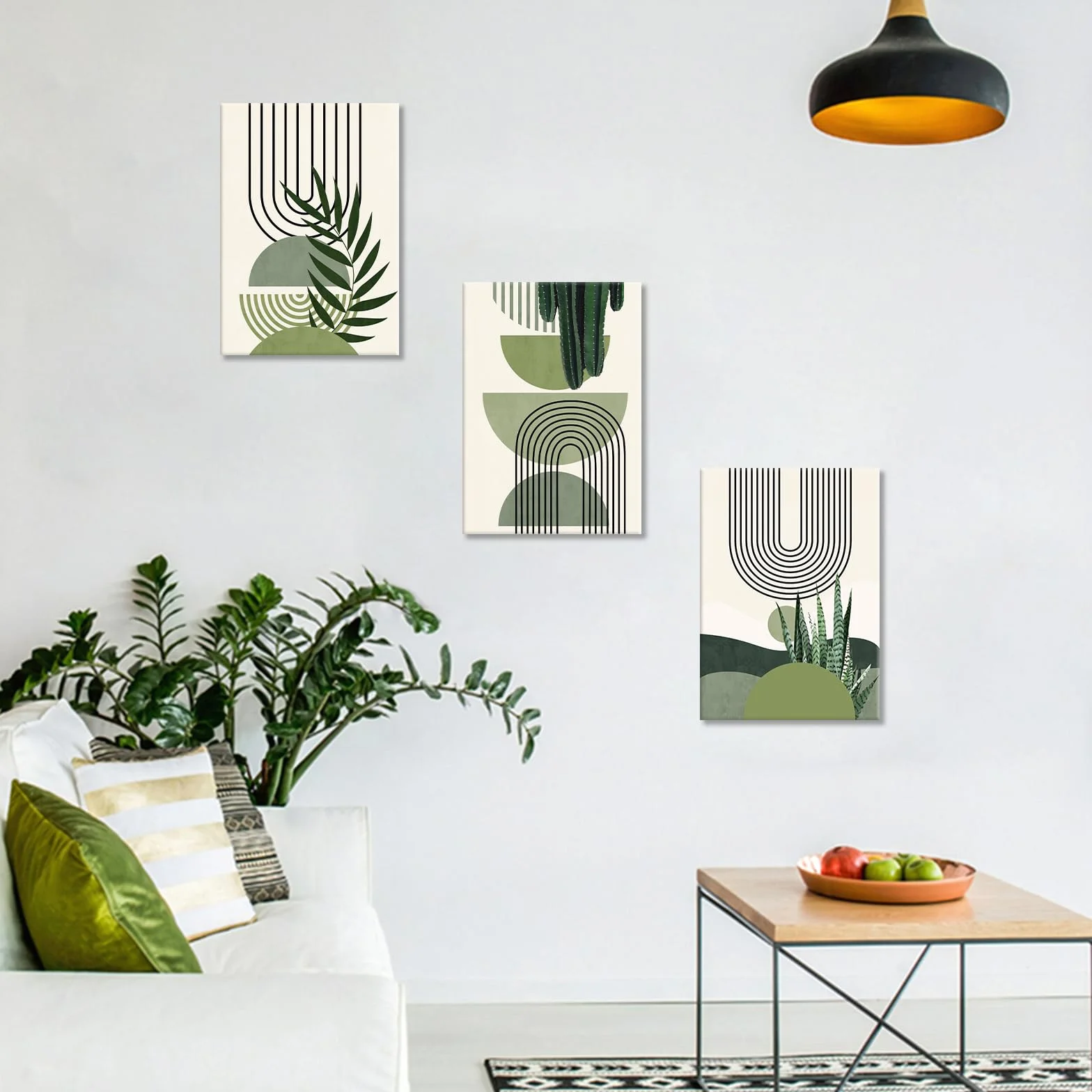 Quadri Moderni Verde Salvia Boho Stampa su Tela Con Cornice 30x40cmx3 Decorazione Murale