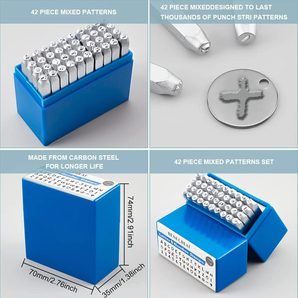 BENECREAT 42PCS 3 mm Timbro in Metallo con Lettere e Numeri, Punzoni per Metallo, Acciaio al Carbonio, A-Z e 0-9