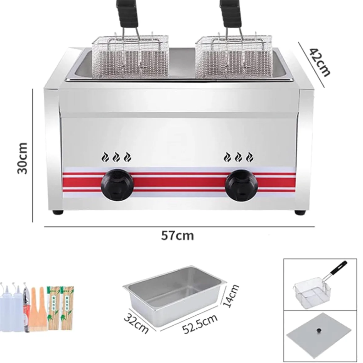 Friggitrice a Gas GPL Professionale, friggitrice Commerciale in Acciaio Inossidabile con cestelli e coperchi per friggitrice, per Cucina Domestica Commerciale, monocilindrico da 20