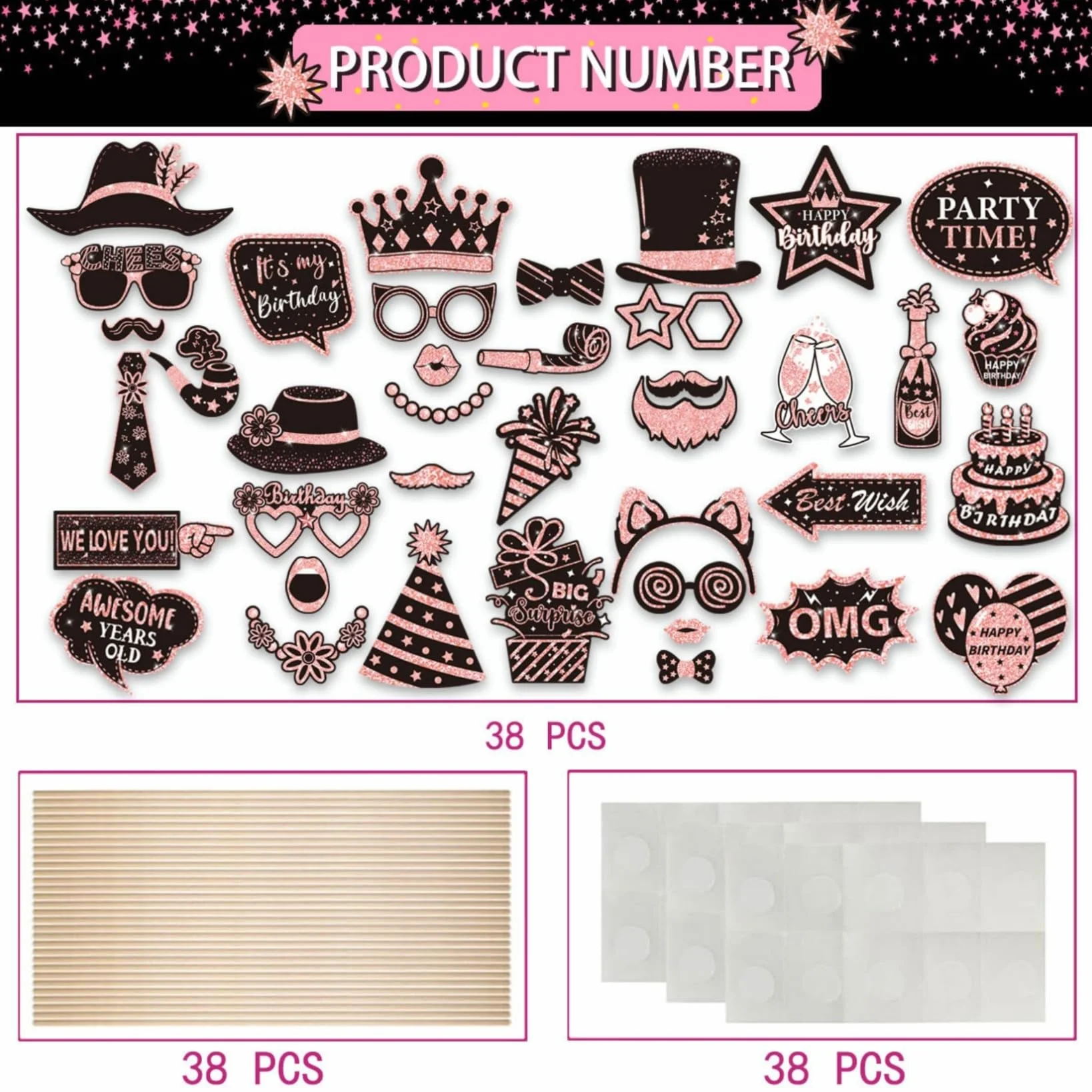 38 Pezzi Oggetti Scena per Cabine Fotografiche di Compleanno, Happy Birthday Party Favors Supplies Bday Party Decor, Photo Booth Funny Cute Selfie (Rosa)