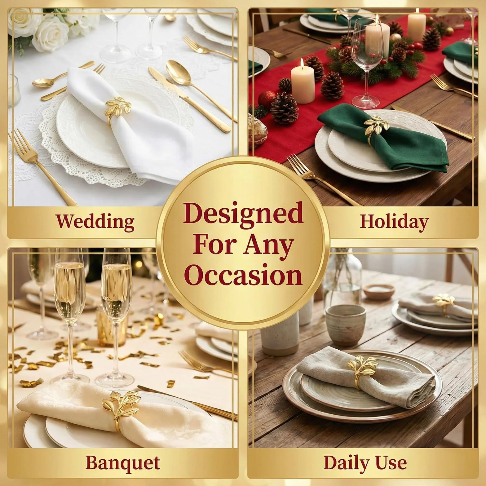 20 Portatovaglioli Oro Metallici, Porta Anelli Elegante, Decorazione Tavolo Matrimonio Ramadan Natale